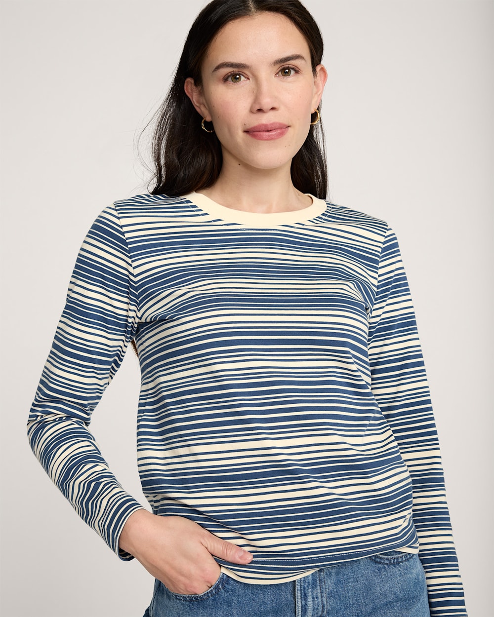 Model Photo of Front of Pendleton Women's Long-Sleeve Deschutes Tee Blue Stripe
