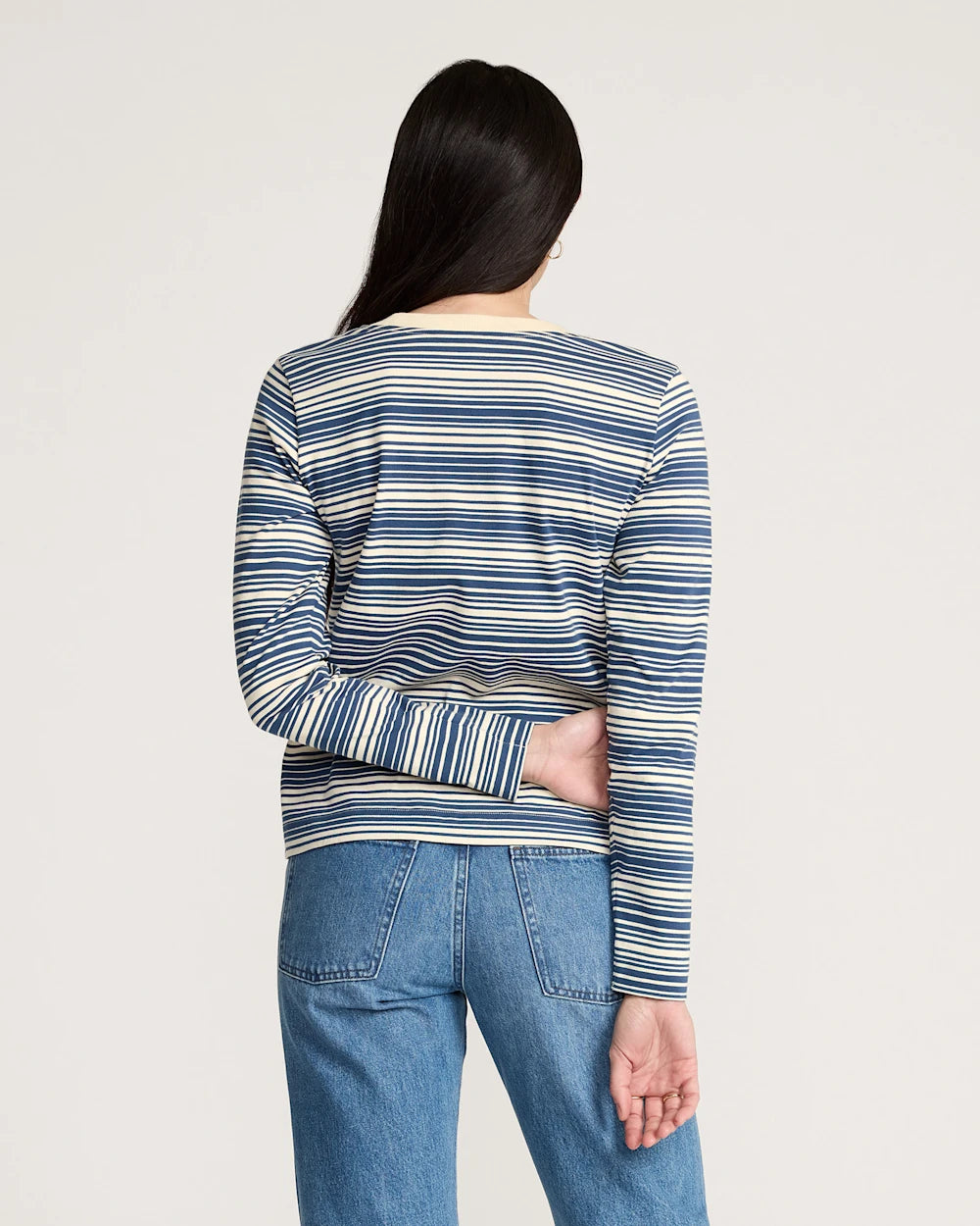 Model Photo of Back of Pendleton Women's Long-Sleeve Deschutes Tee Blue Stripe