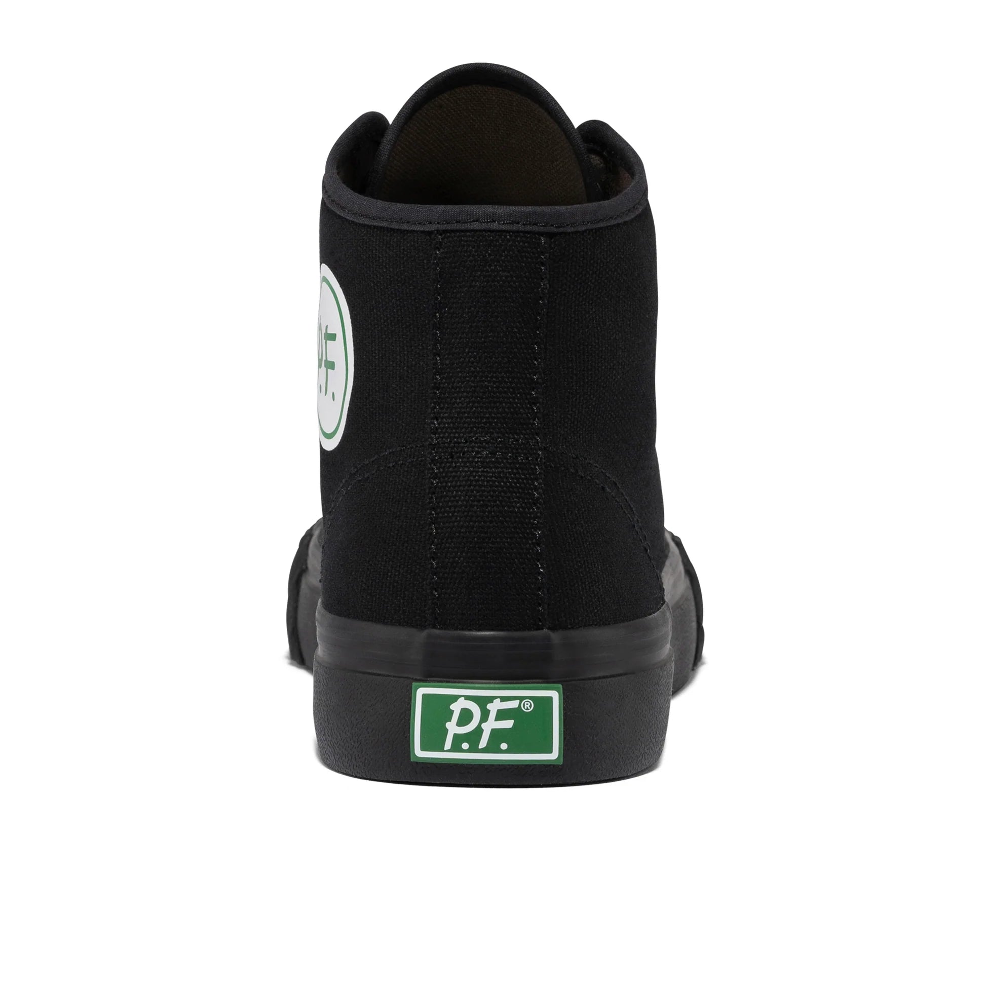Black high-top 1993 P.F. Flyers sneaker with a green and white logo on a white background