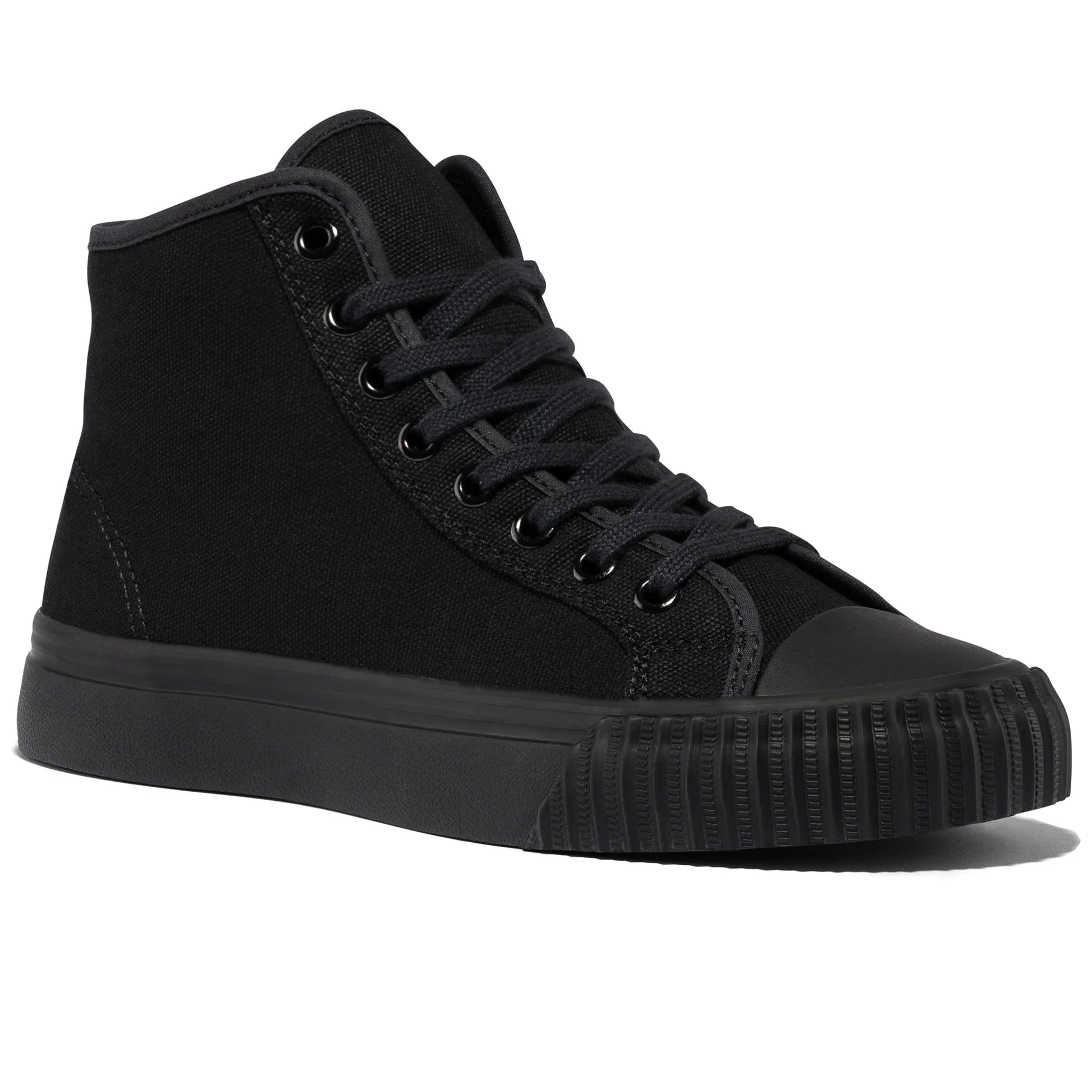 Black high-top 1993 P.F. Flyers sneaker on a white background