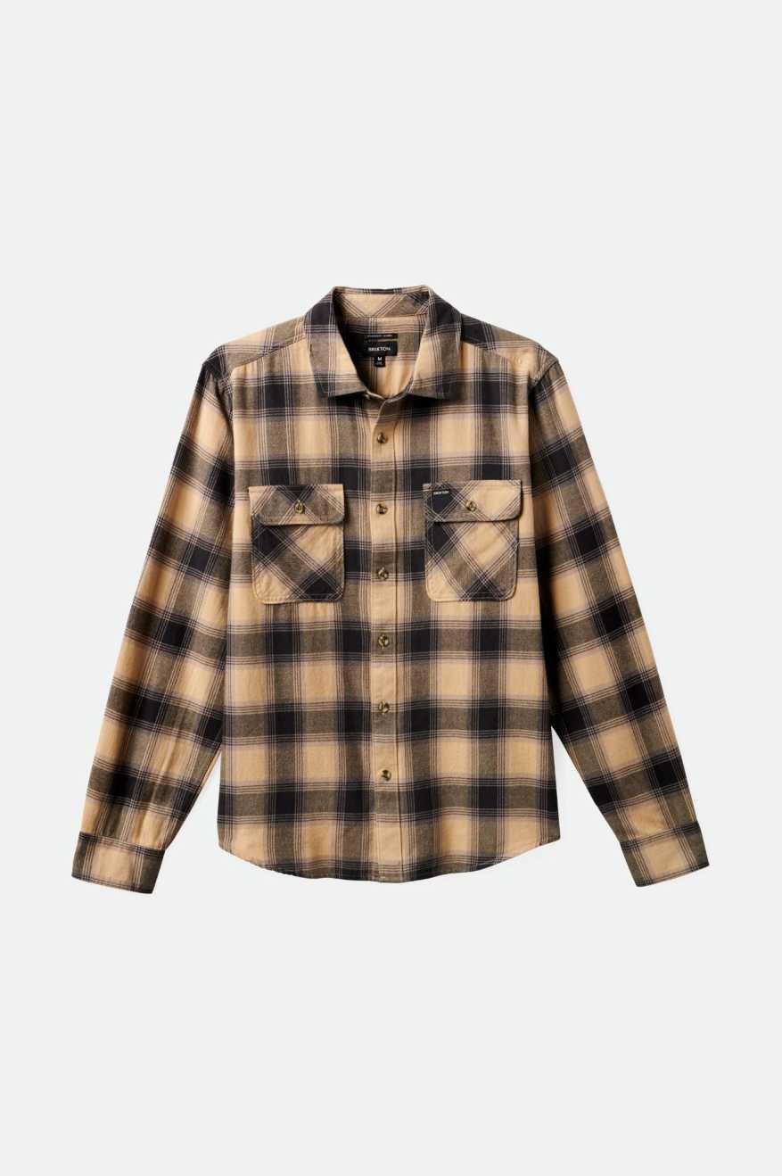 Front of Brixton Men's Bowery LW Ultra Soft Long Sleeve Flannel - Oat Milk/Cinder Grey