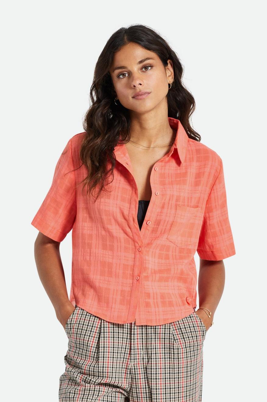 Model Photo of Front of Brixton Women's Leon Boxy Short Sleeve Woven - Deep Sea Coral