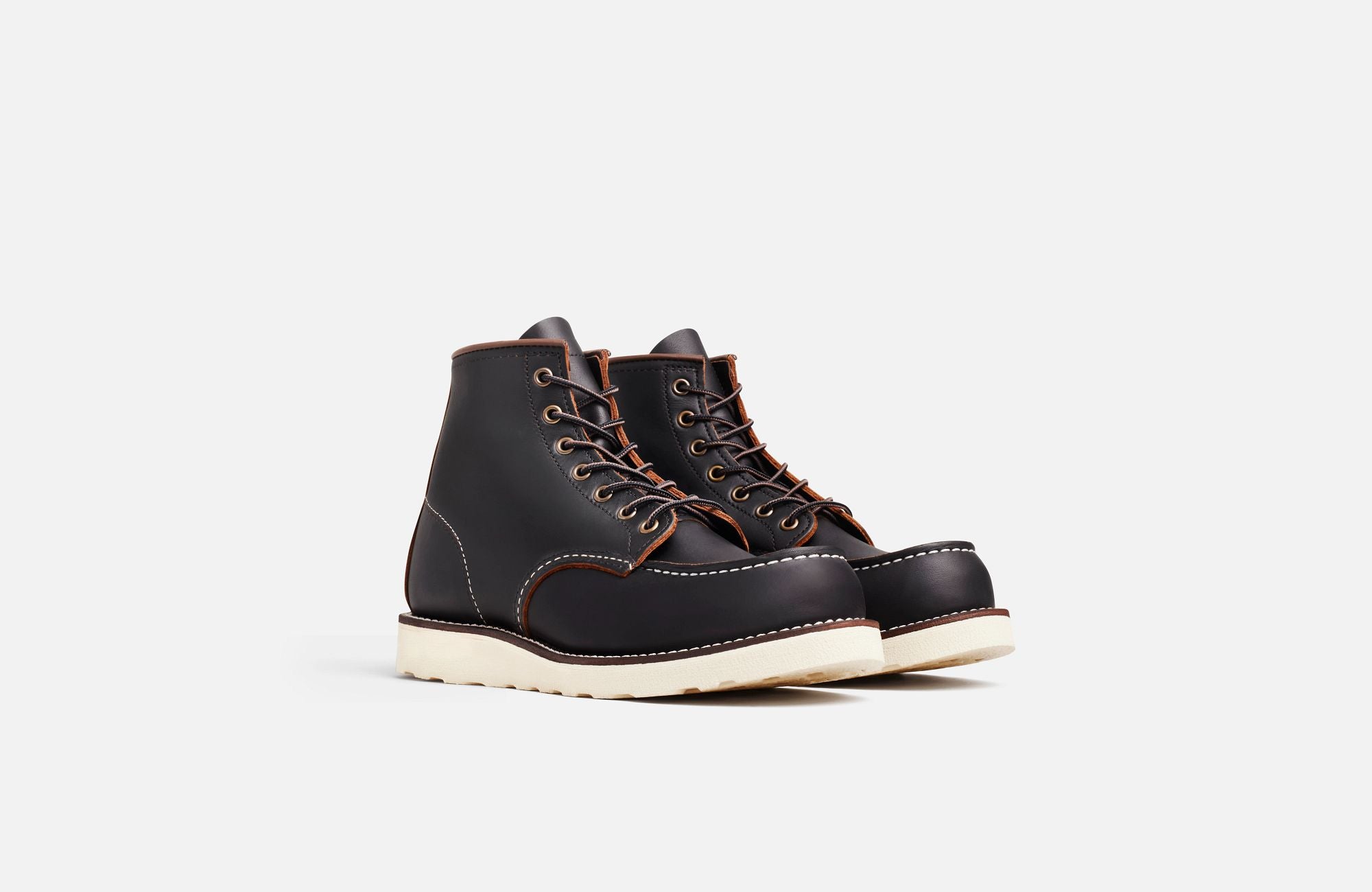 Front Angle of A Red Wing Men's 6 inch black moc toe boot on a white background.