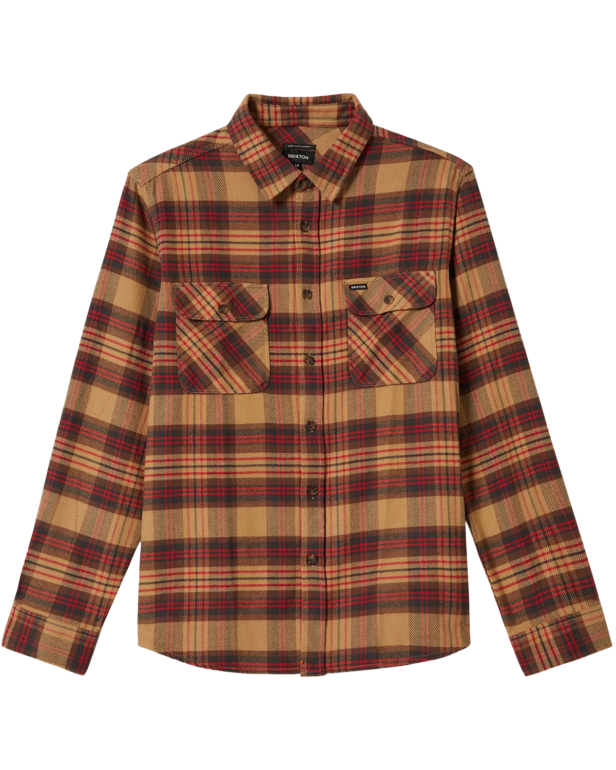 Front of Brixton Men's Bowery Flannel - Curry /Black Washed/ Crimson