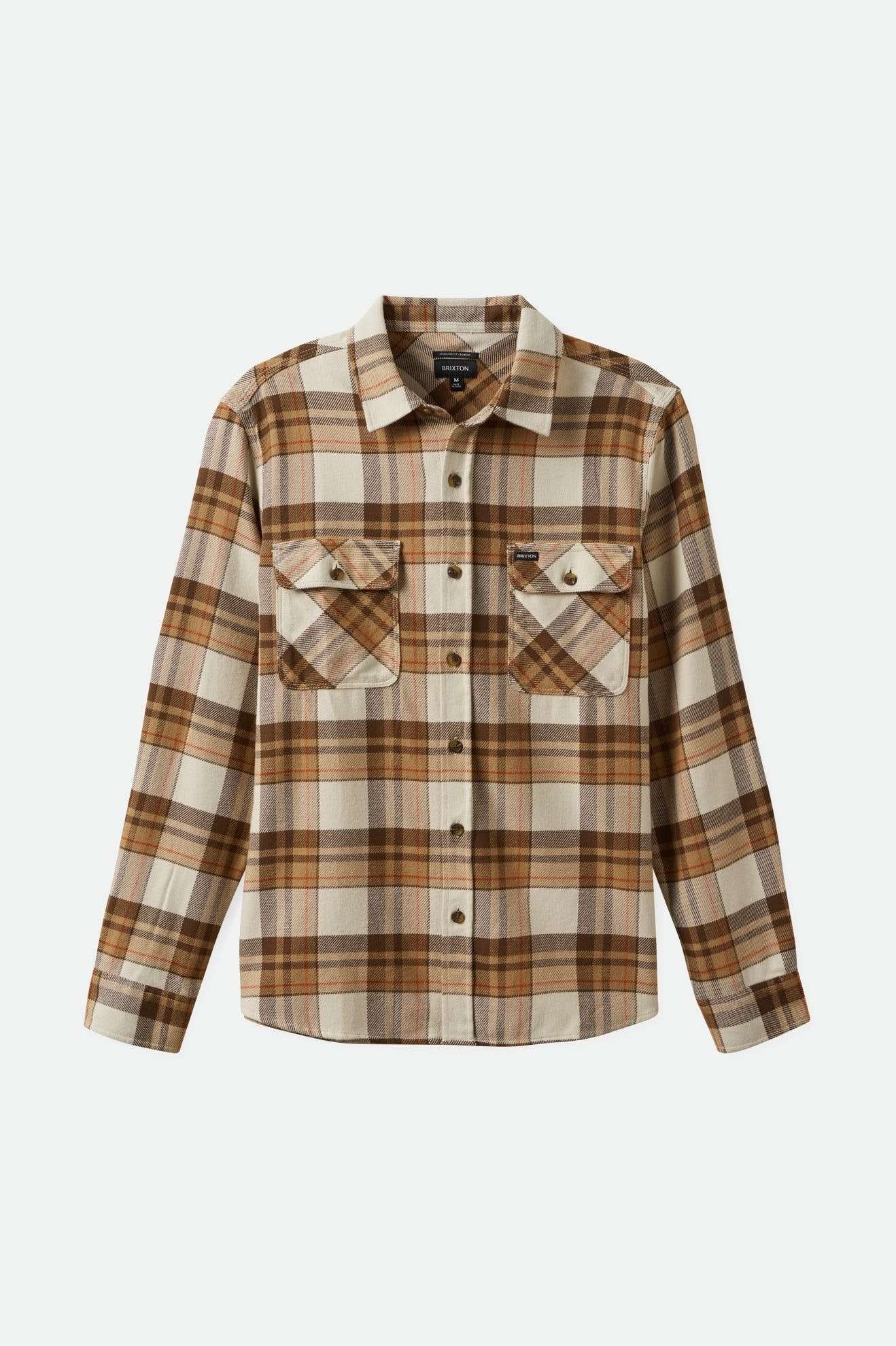Front of Brixton Bowery Flannel -Whitecap/Pinecone Brown/ Burro