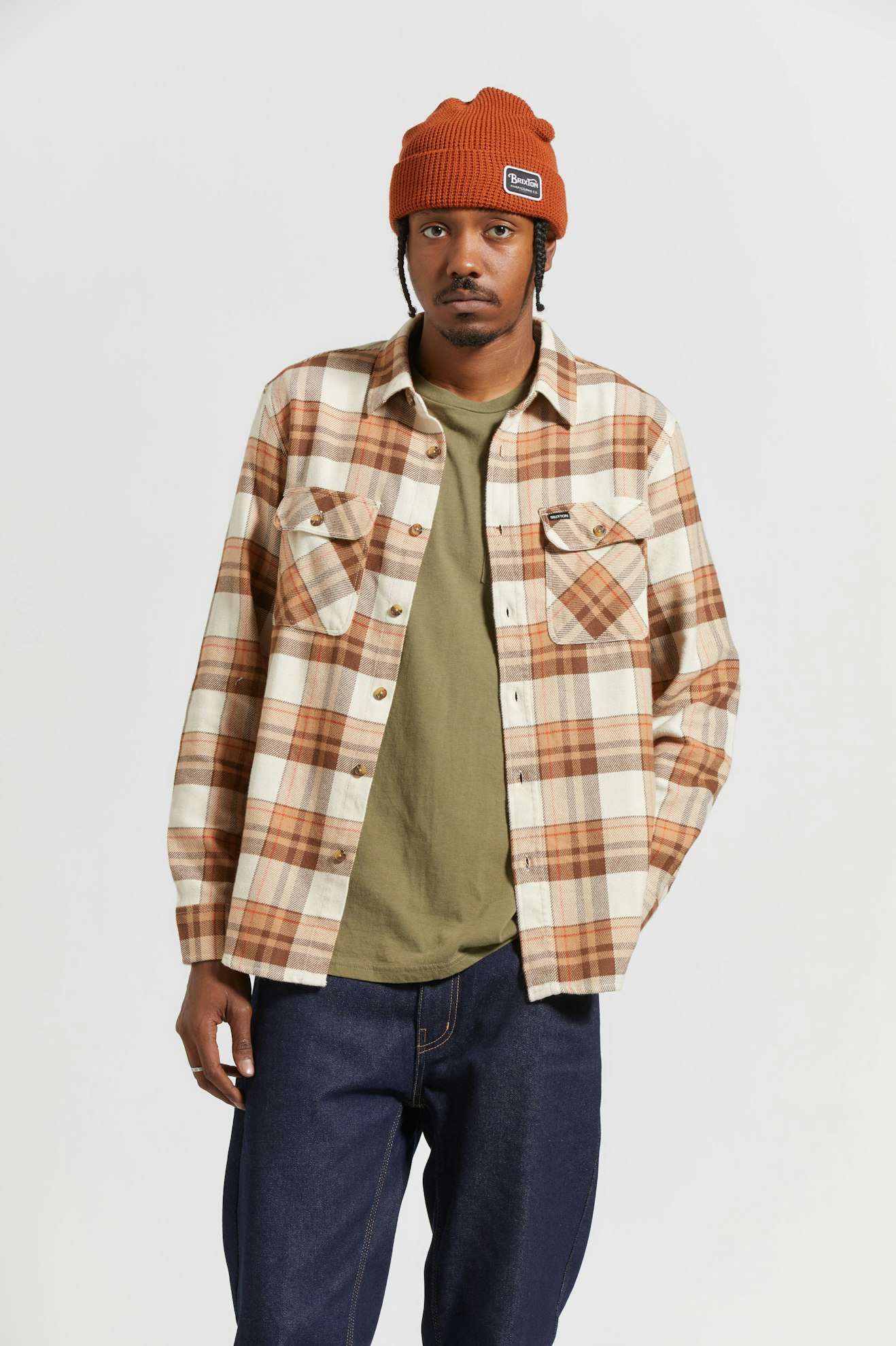 Model Photo of Front of Brixton Bowery Flannel -Whitecap/Pinecone Brown/ Burro