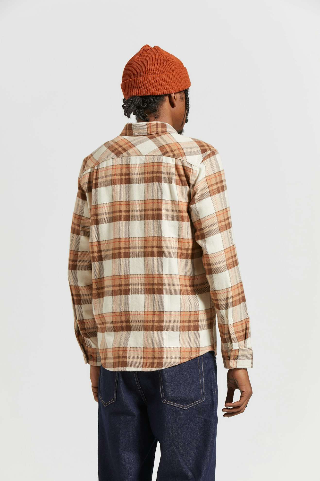 Model Photo of Back of Brixton Bowery Flannel -Whitecap/Pinecone Brown/ Burro