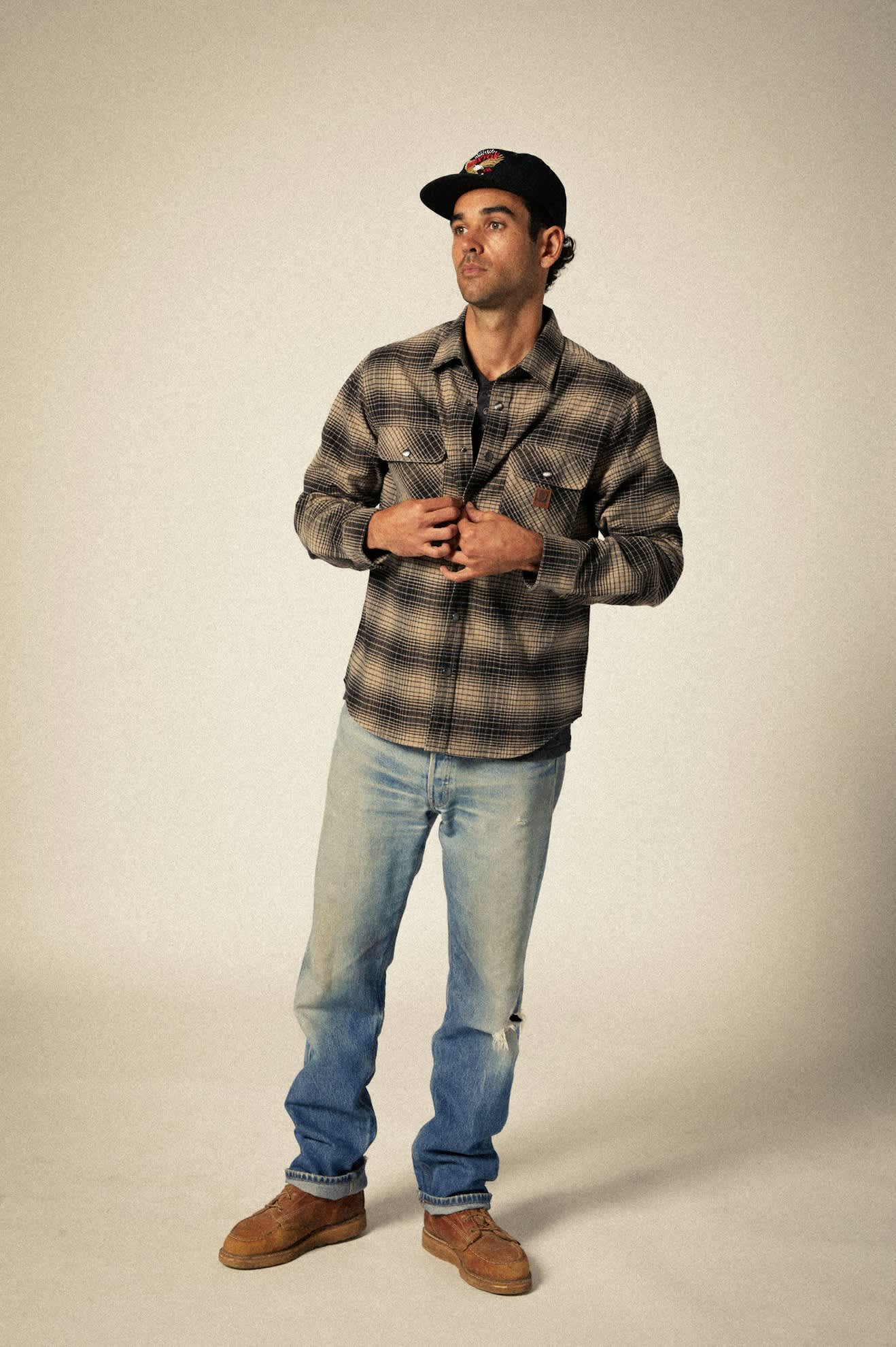 Model Photo of Front of Brixton Men's Builders Bowery STR Water Resistant Flannel - Black/ Cinder Grey