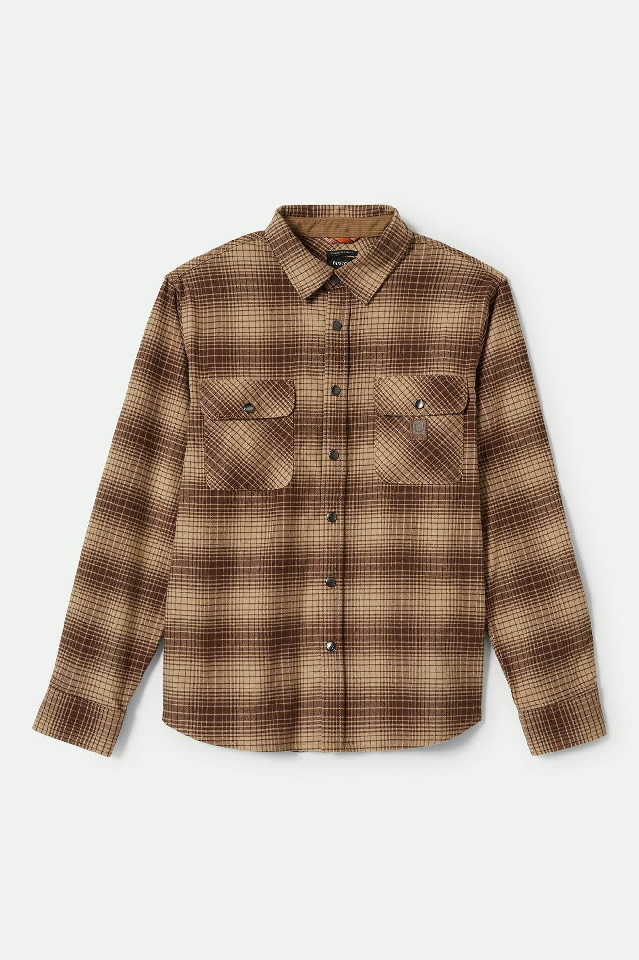 Front of Brixton Men's Builders Bowery STR Water Resistant Flannel - Pine Needle/ Sunbaked