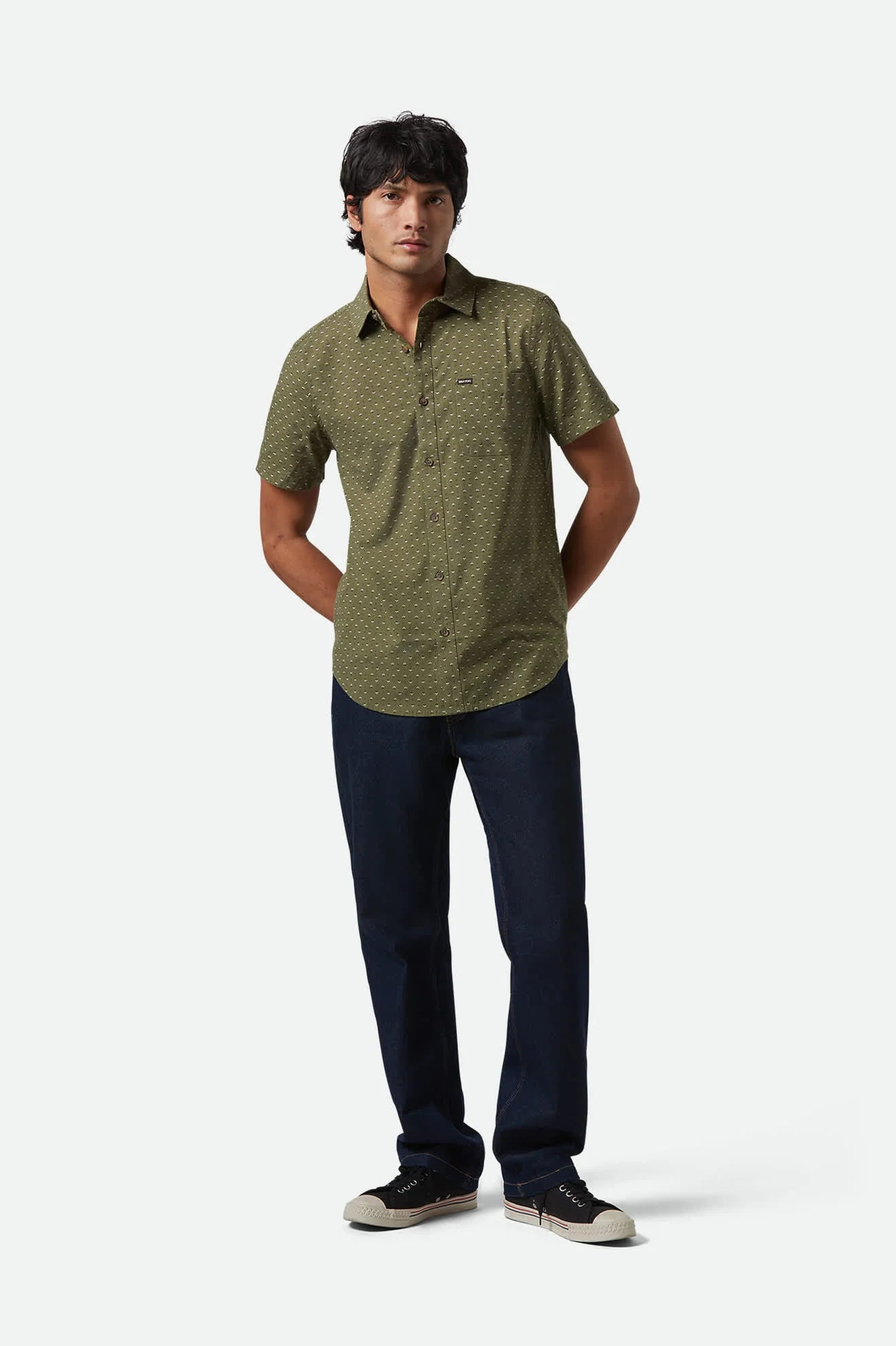 Model Photo of Front of Brixton Men's Charter Print Short Sleeve Woven - Ivy Green Micro Floral