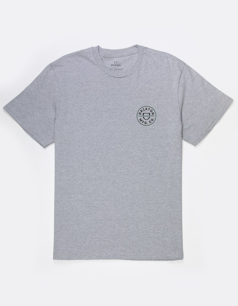 Front of Brixton Men's Crest II Short Sleeve Tee Shirt - Heather Grey/Washed Blackpine