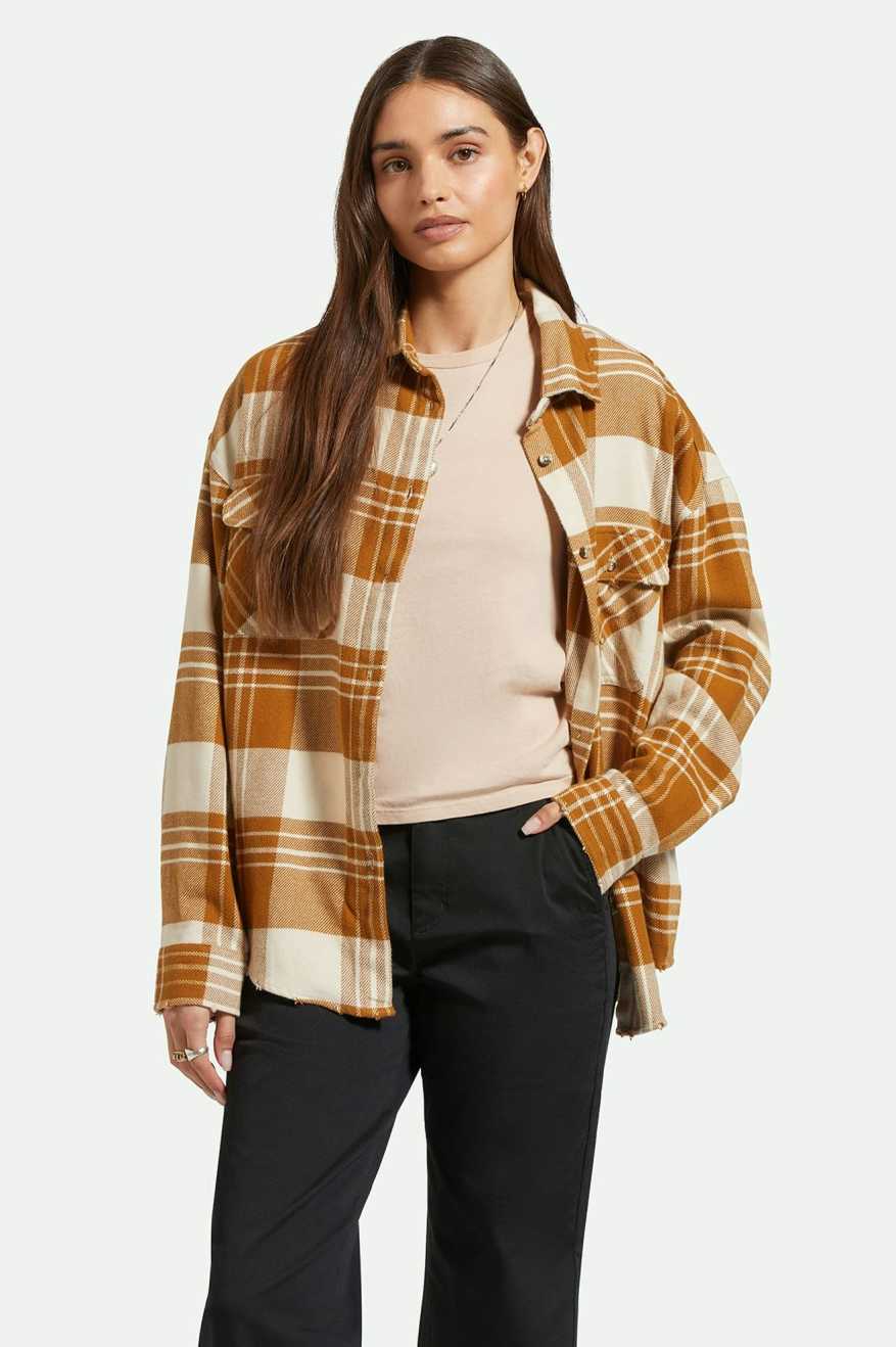 Model Photo of Front of Brixton Women's Bowery Classic Flannel- Washed Copper/Whitecap