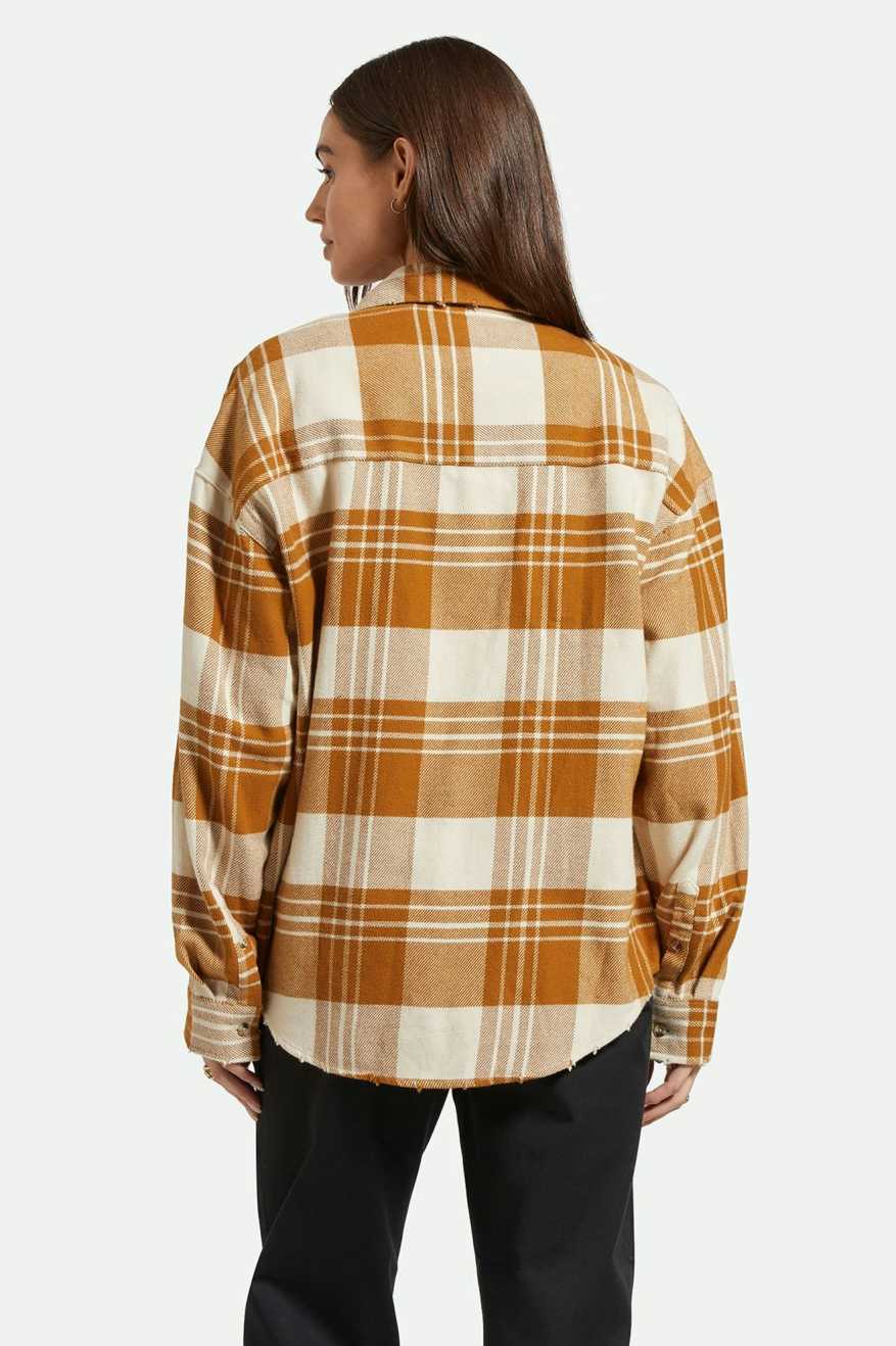 Model Photo of Back of Brixton Women's Bowery Classic Flannel- Washed Copper/Whitecap