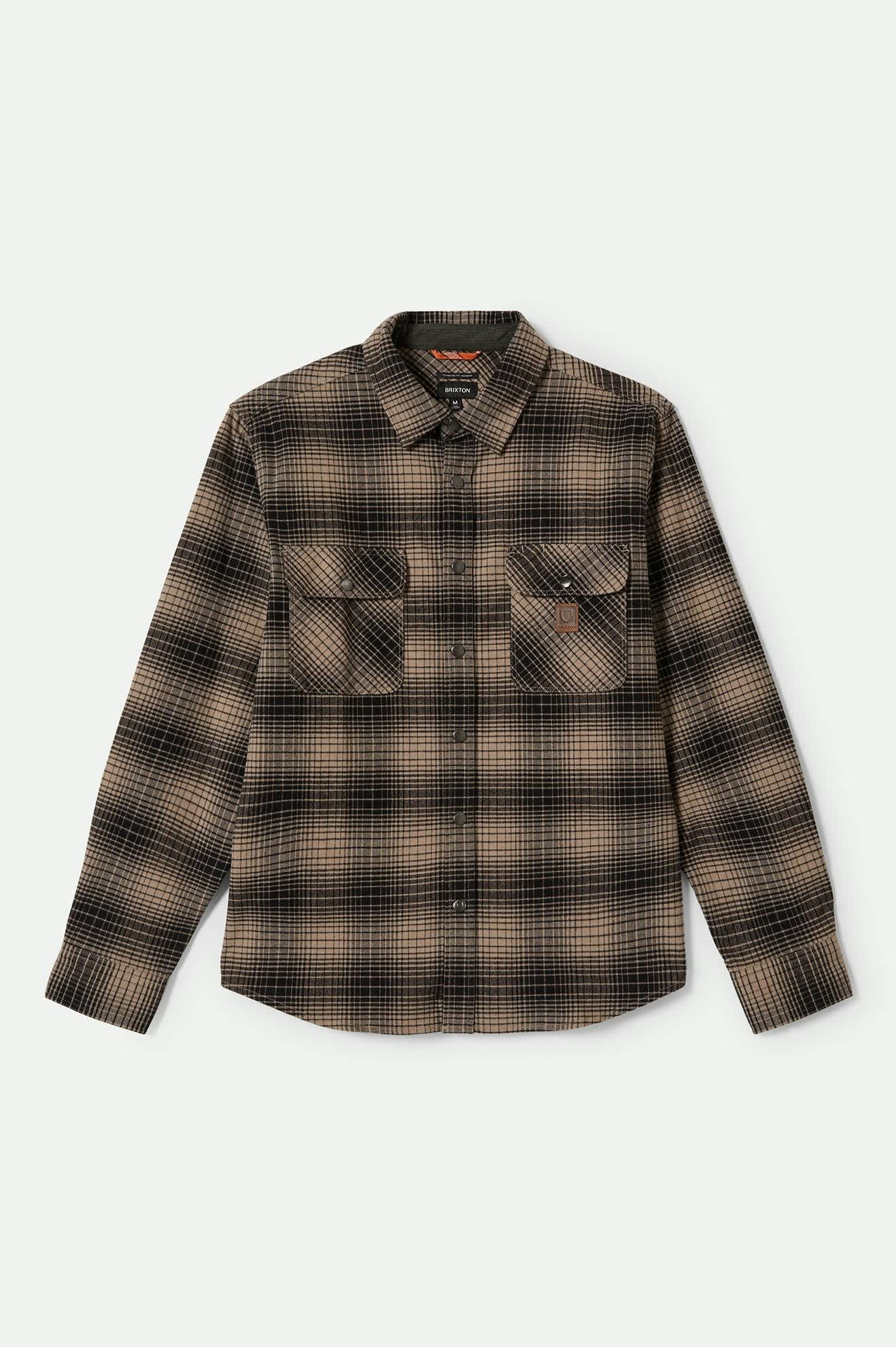 Front of Brixton Men's Builders Bowery STR Water Resistant Flannel - Black/ Cinder Grey
