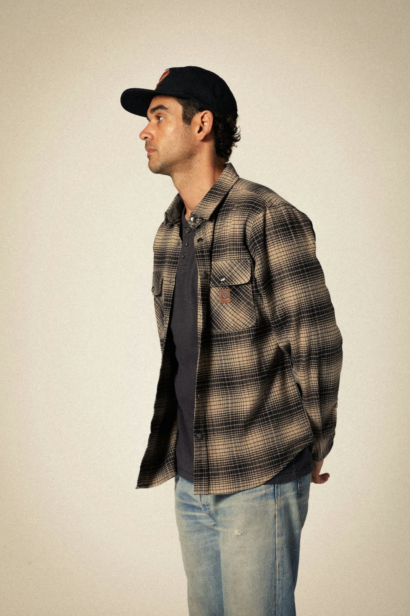 Model Photo of Front Angle of Brixton Men's Builders Bowery STR Water Resistant Flannel - Black/ Cinder Grey