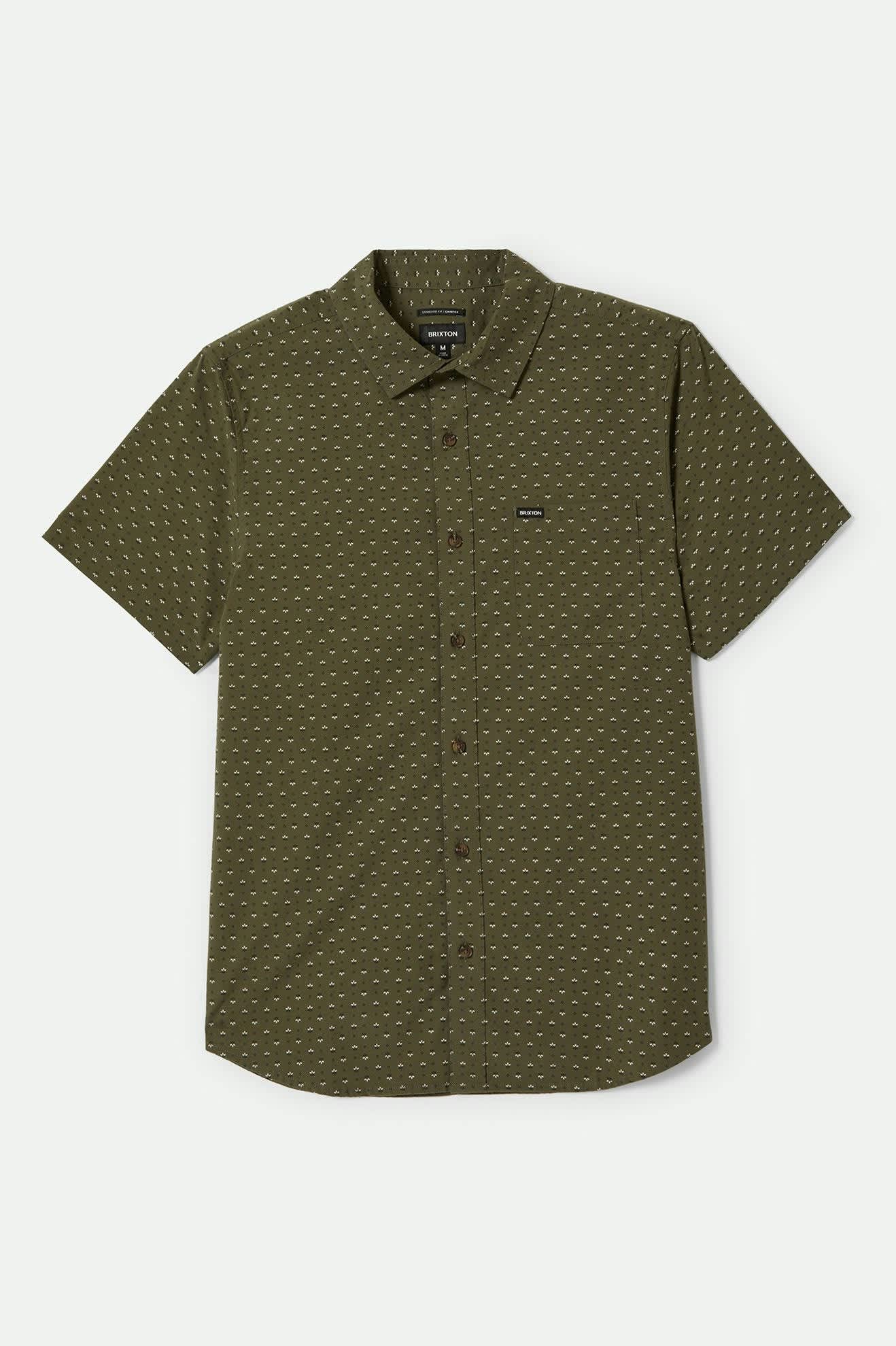 Front of Brixton Men's Charter Print Short Sleeve Woven - Ivy Green Micro Floral
