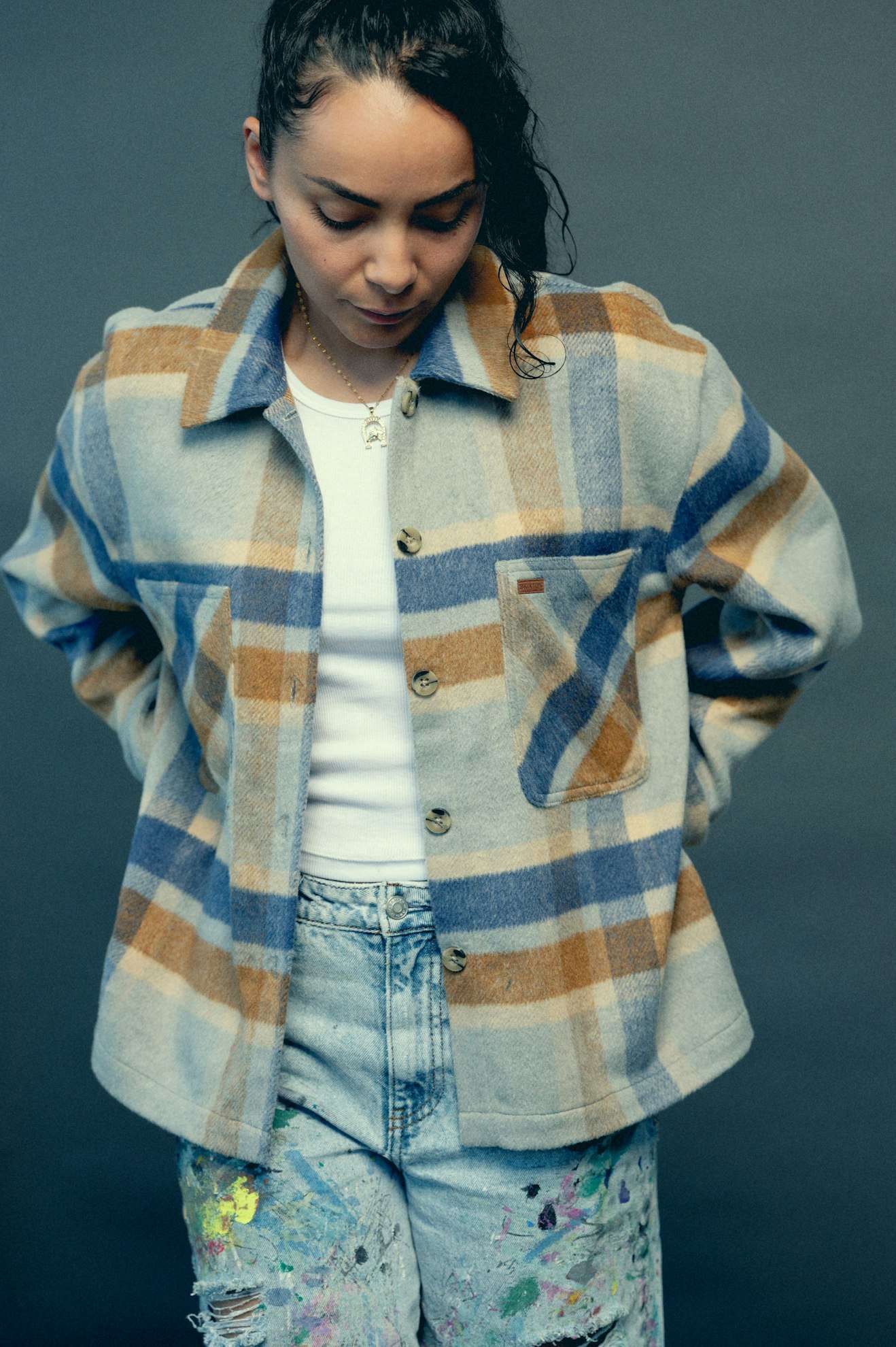 Model Photo of Front of Brixton Women's Bowery Soft Brushed Flannel- Dark Denim