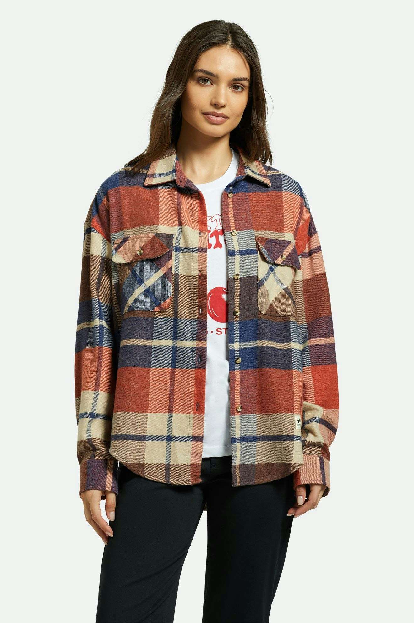 Model Photo of Front of Brixton Women's Bowery Classic Flannel- Navy/ Mars Red/ Whitecap