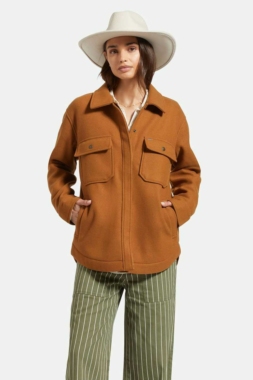 Model Photo of Front of Brixton Women's Durham Shirt Jacket - Washed Copper