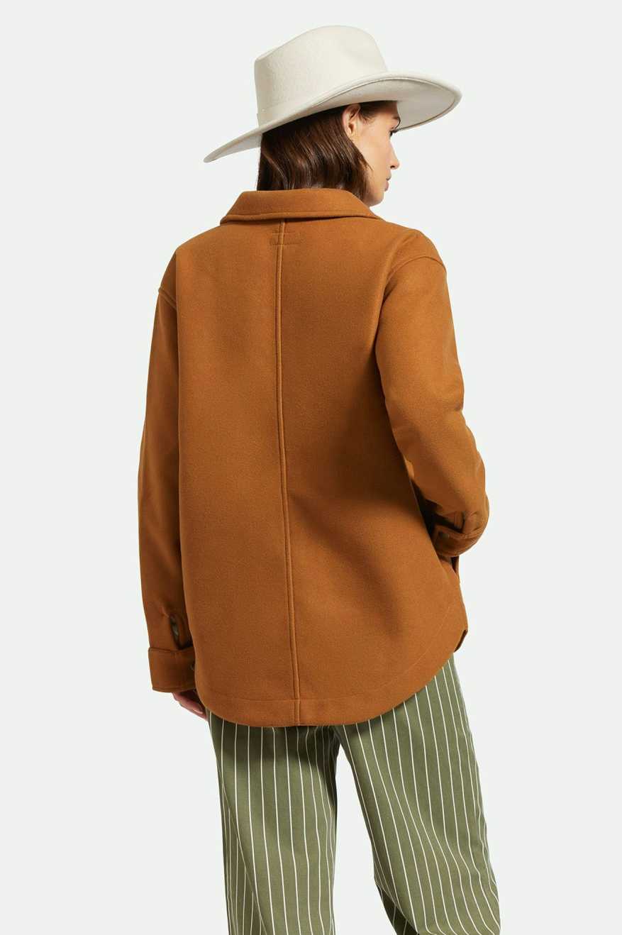 Model Photo of Back of Brixton Women's Durham Shirt Jacket - Washed Copper