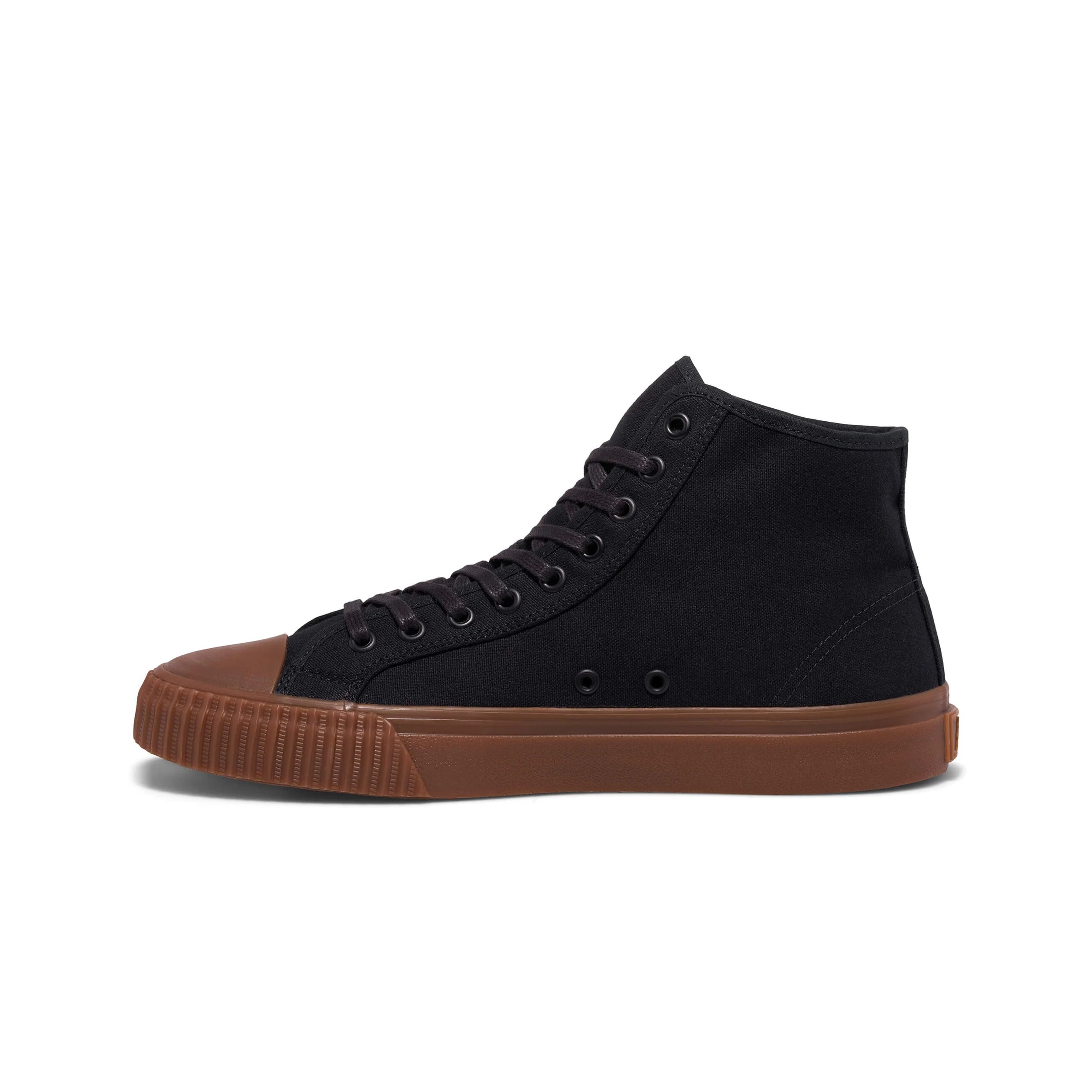 Black high-top sneaker with brown sole on a white background