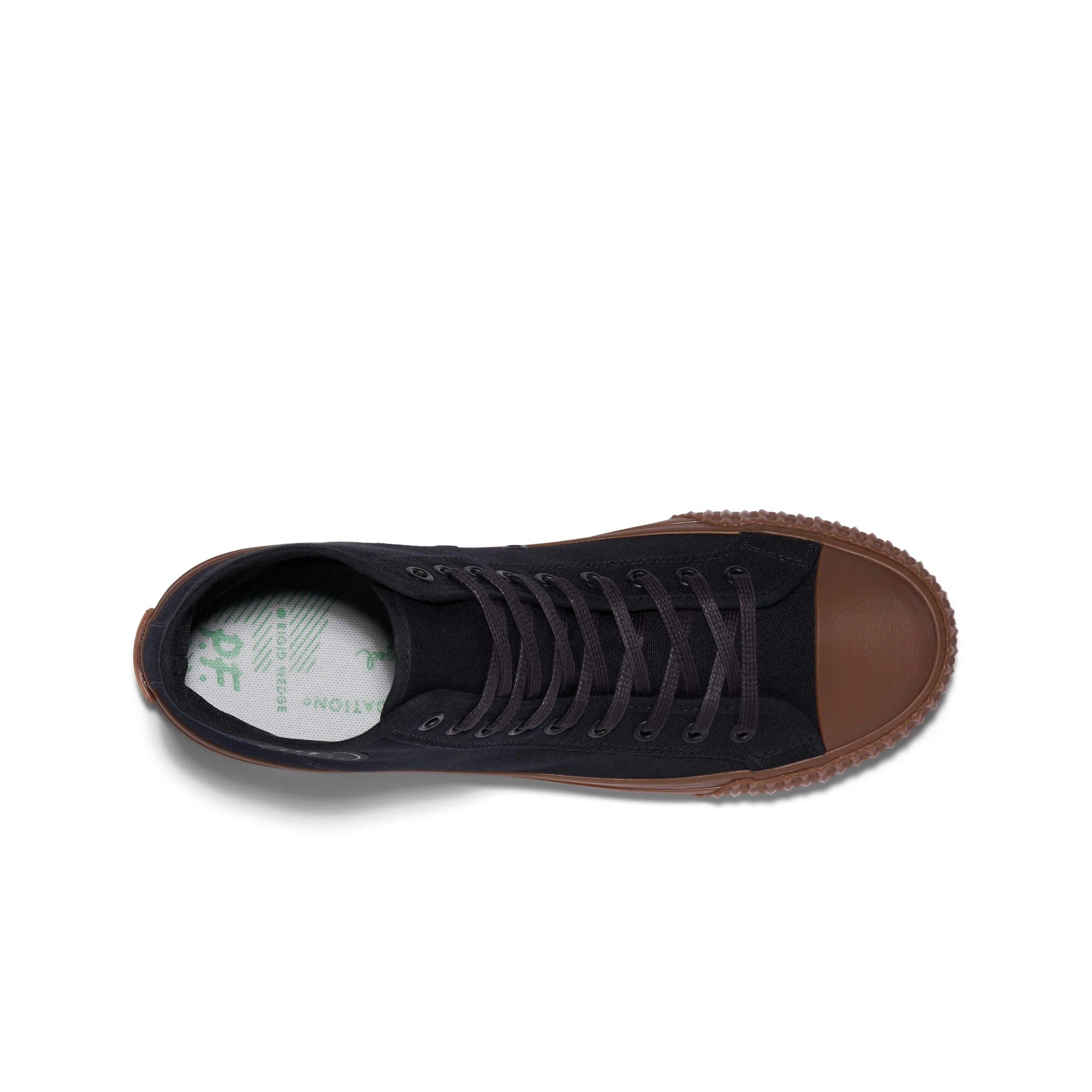 Black sneaker with brown sole on a white background