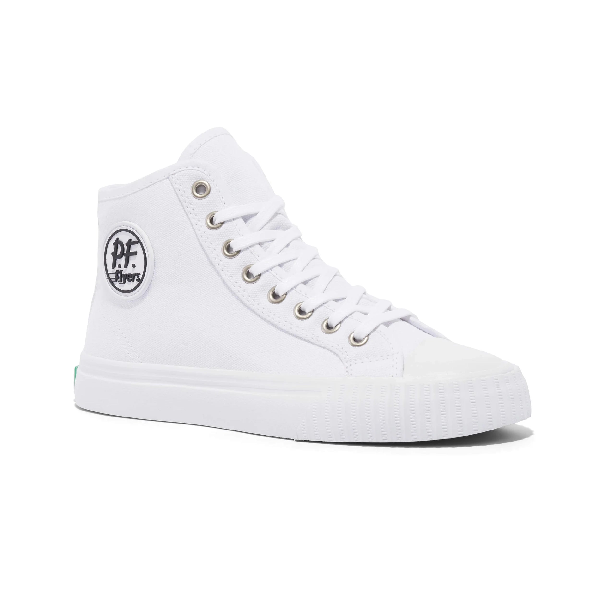 White high-top sneaker with a logo on a white background