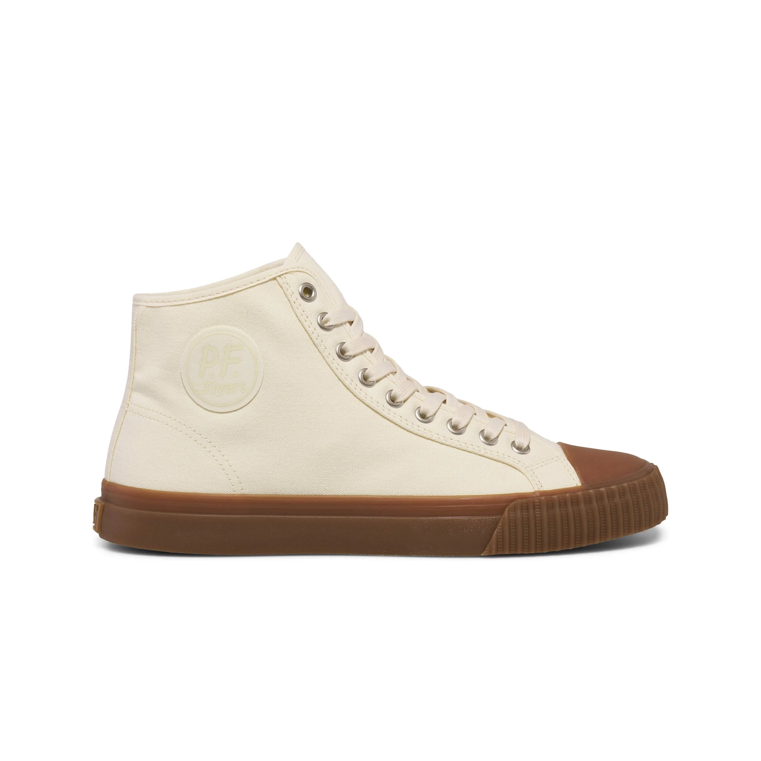 Off White high-top sneaker with brown sole on a white background