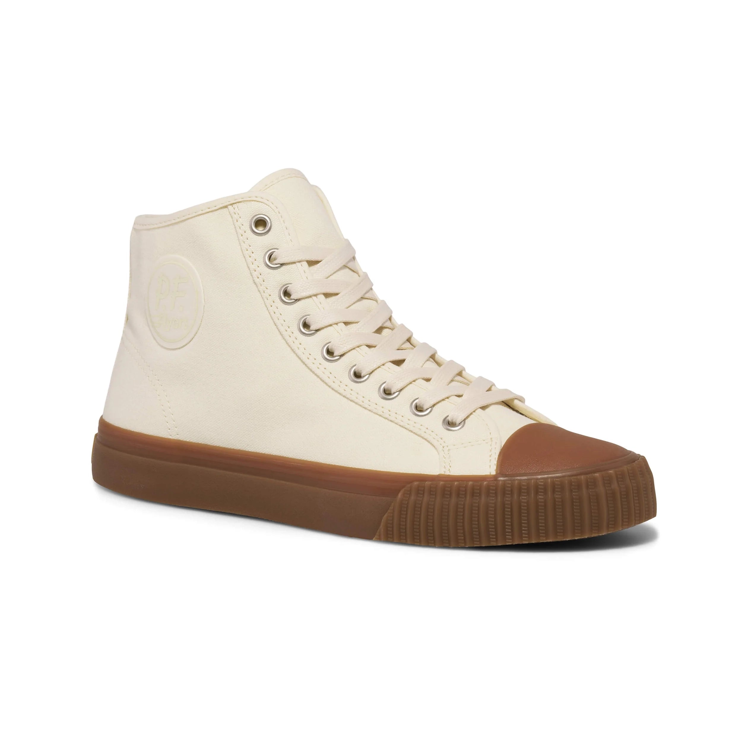 Off White high-top sneaker with brown sole on a white background