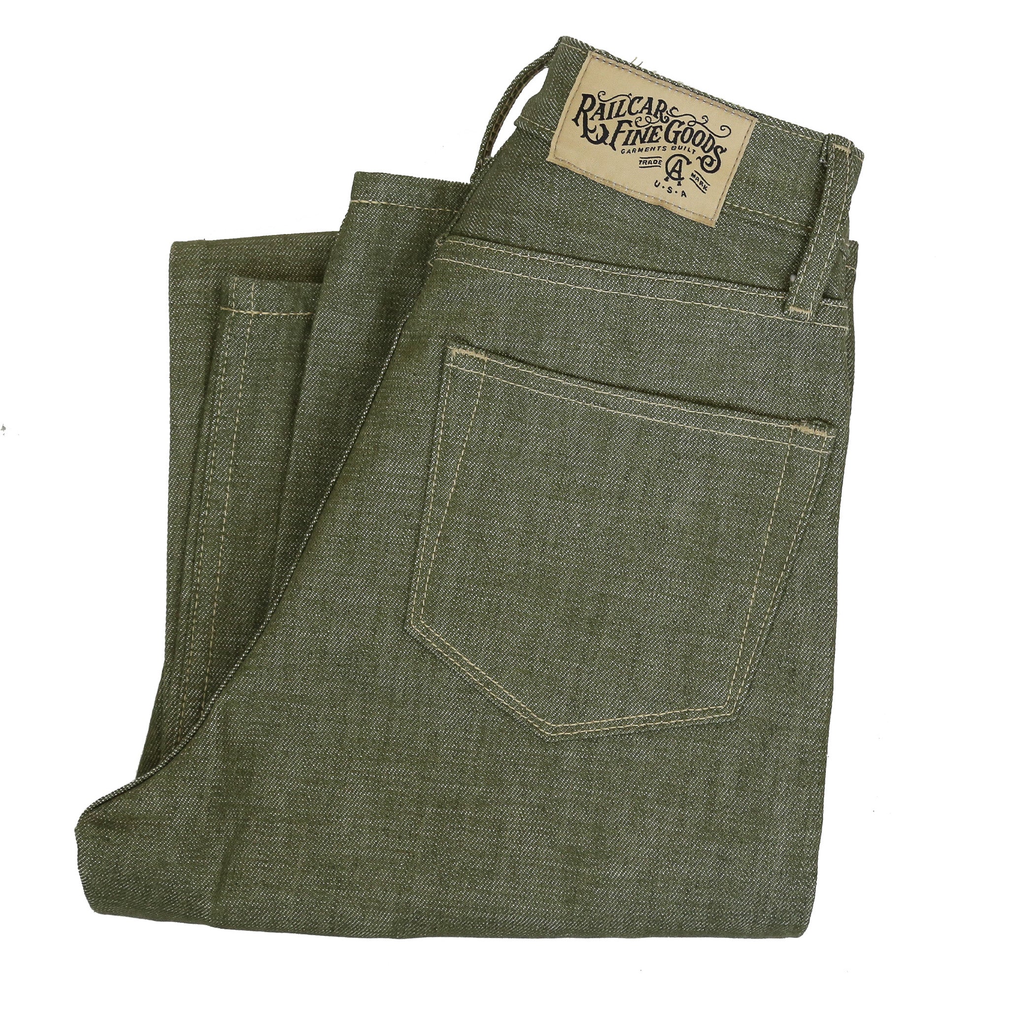 A pair of pistachio green, medium high waist, straight leg Railcar Drifter denim jeans with a back pocket and branding visible.
