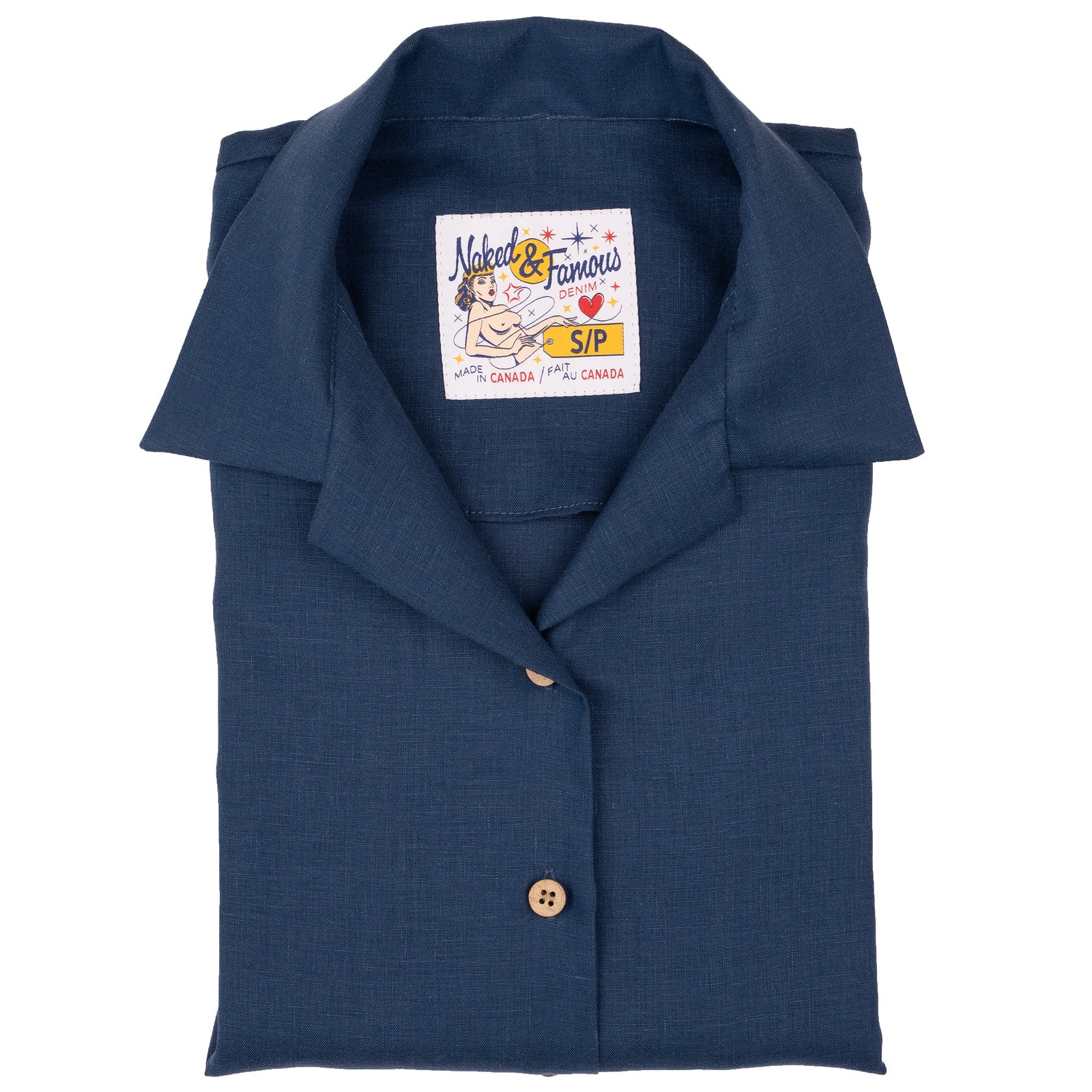 A navy blue, women's camp collar shirt made of French linen, displayed in a front view with the Naked & Famous brand tag visible.