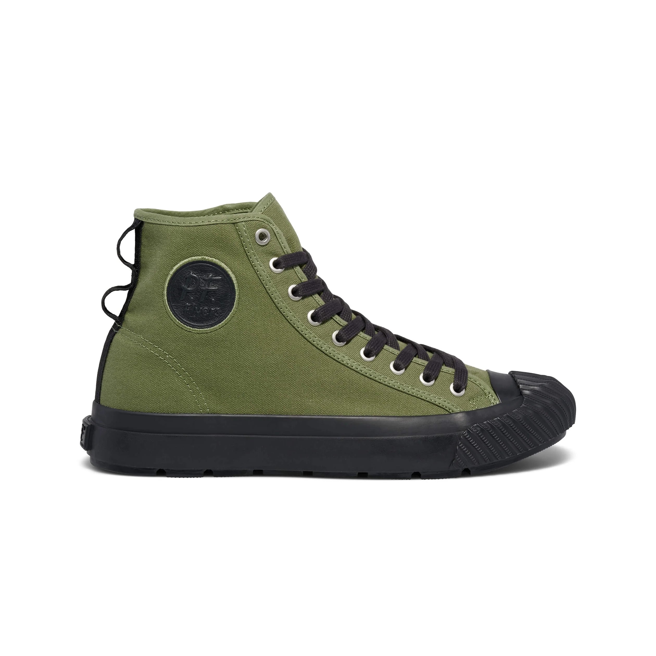 Green high-top sneaker with black sole on a white background