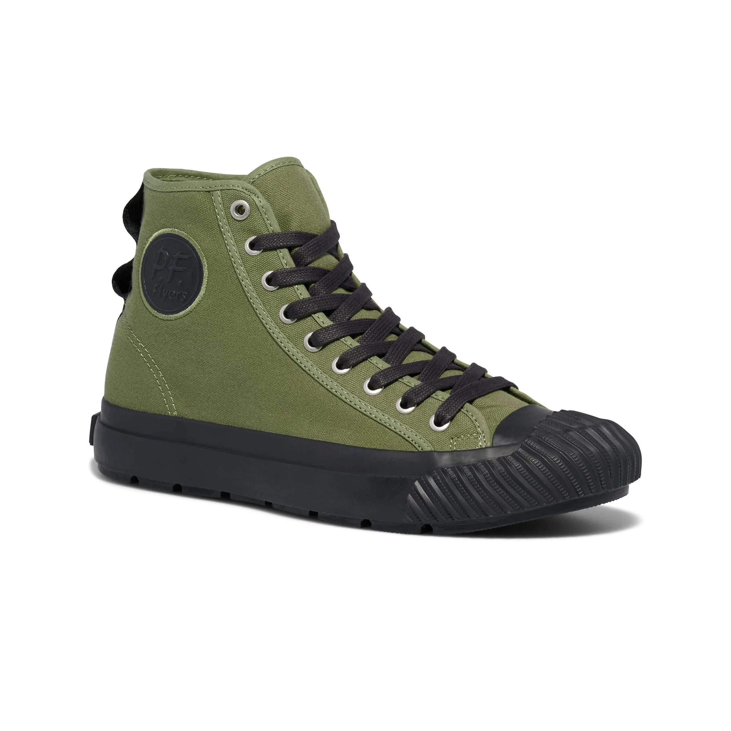 Green high-top sneaker with black sole on a white background