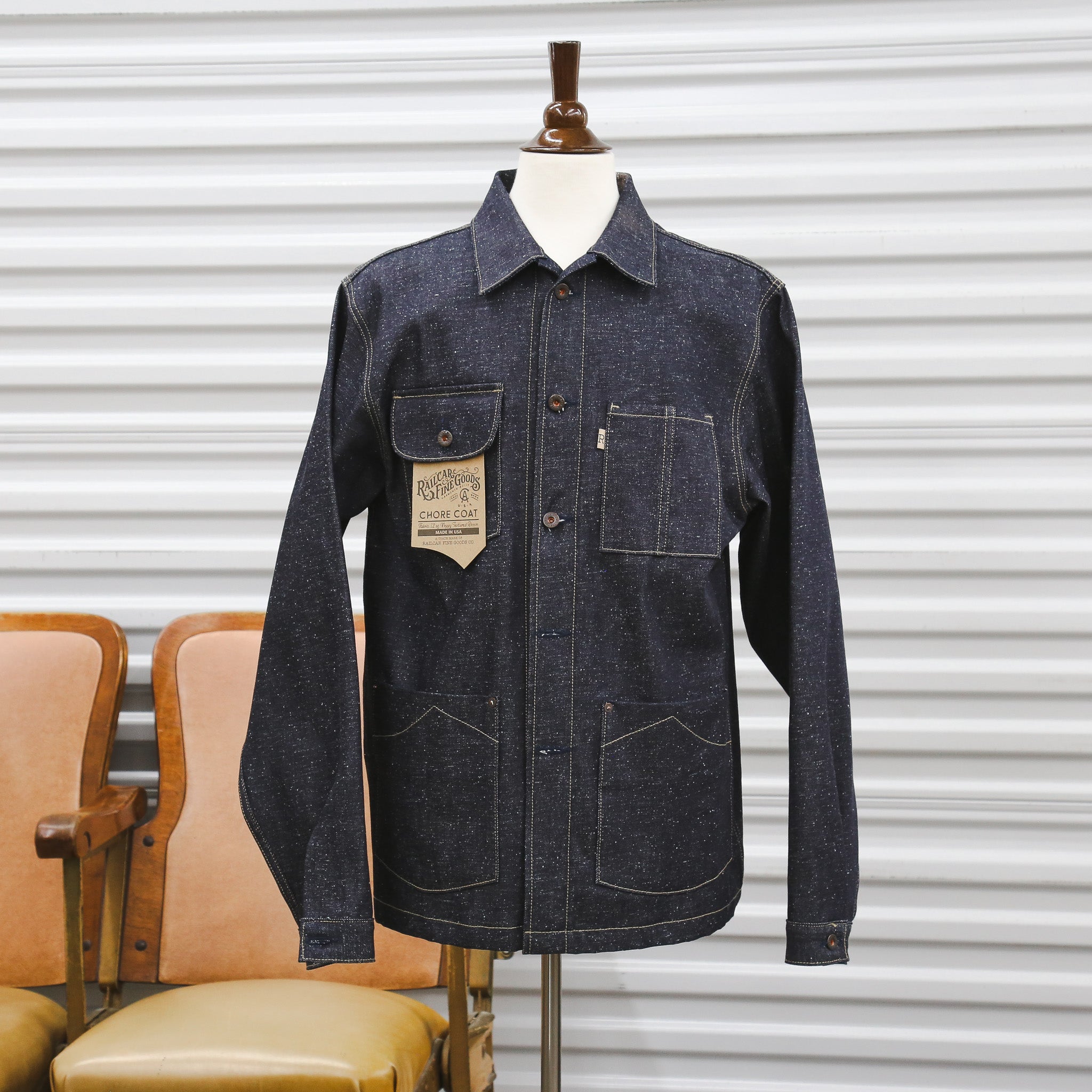 Front of Chore Coat Japanese Nep Denim with Store Background