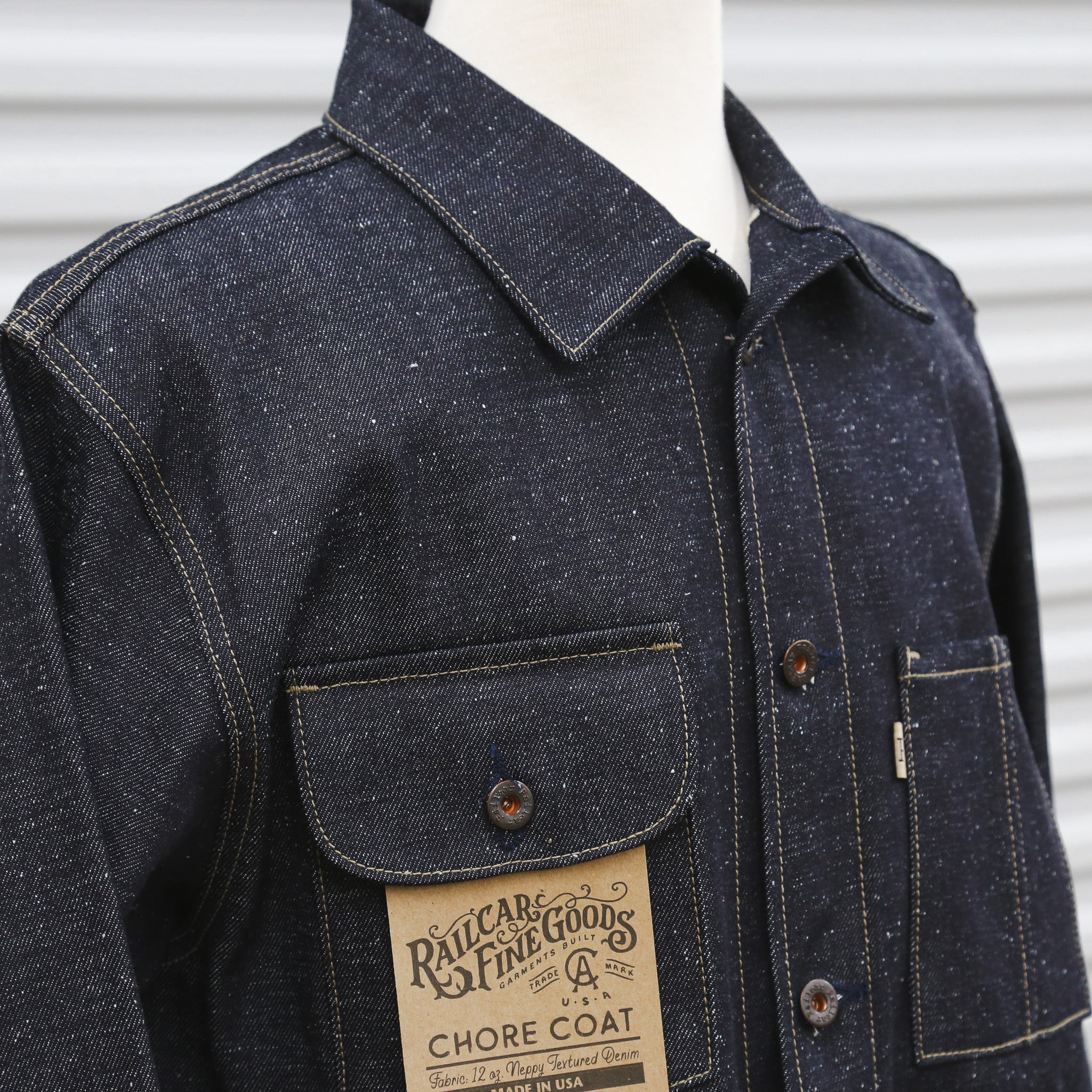 Front Angle of Chore Coat Japanese Nep Denim