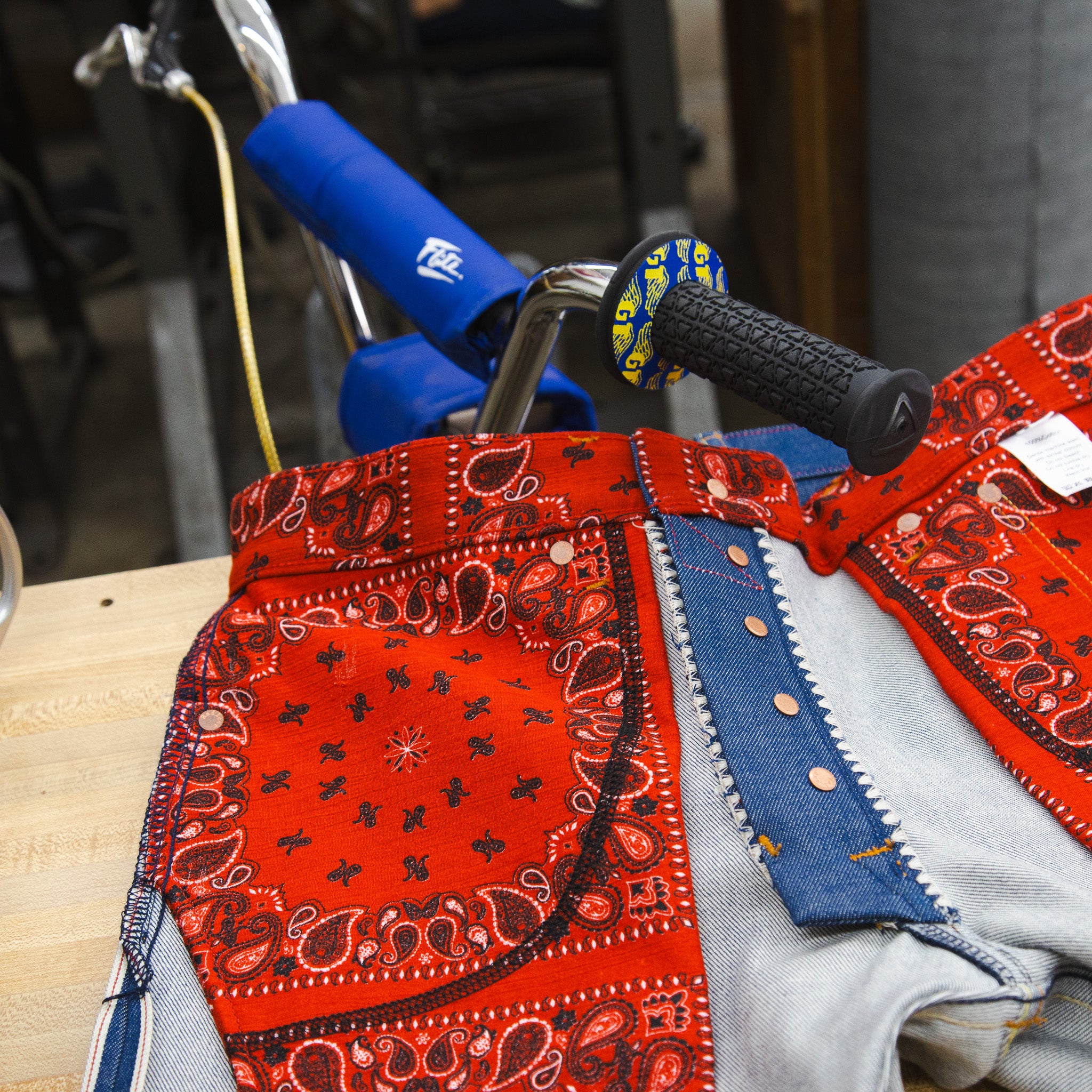 Interior Close Up Detail of Red Bandana Pocket and Waistband of Railcar X Rad Bill Allen Collaboration #1 Jeans