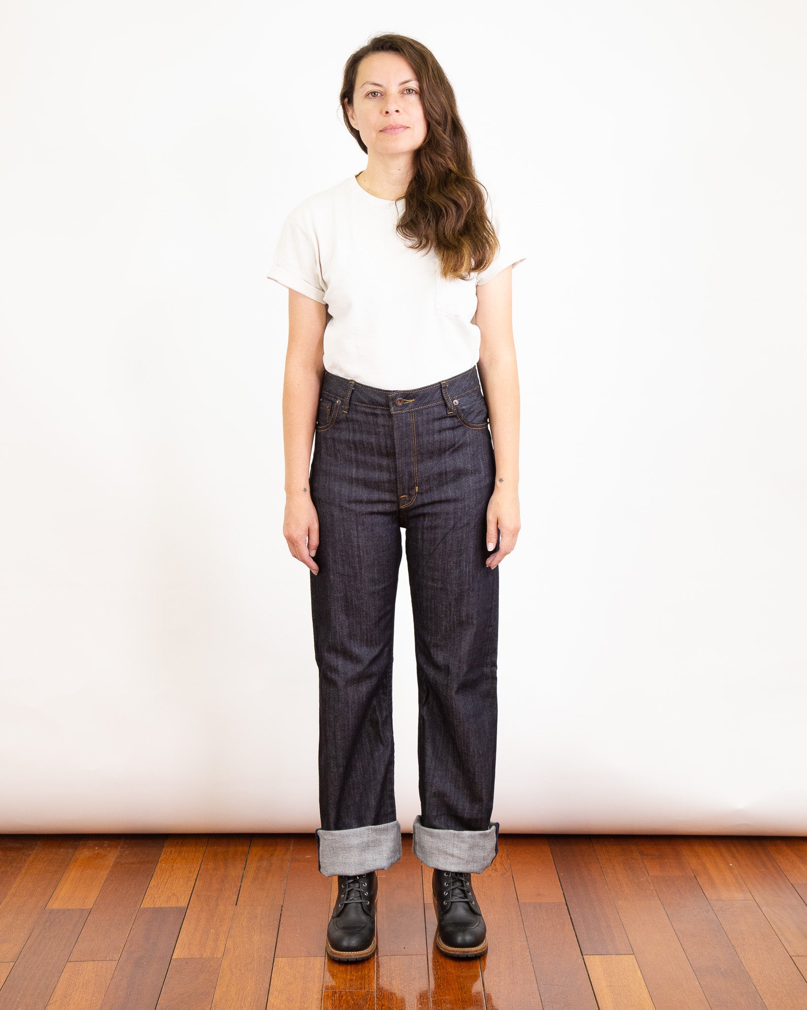 Model Photo of Front of Drifter 031 Indigo Jeans