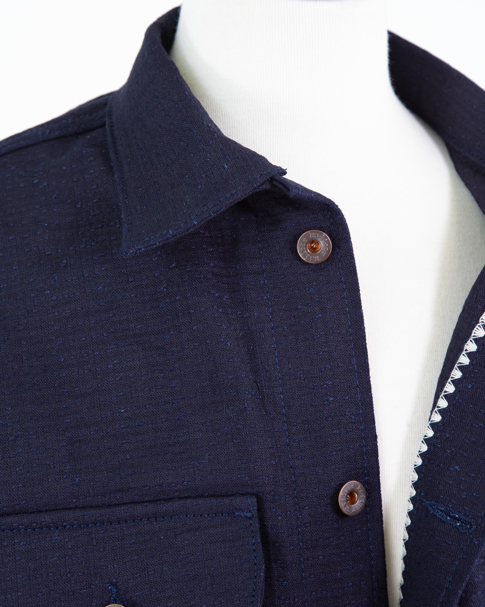 Front Collar and Placket Detail of Unshin Sashiko Chore Coat