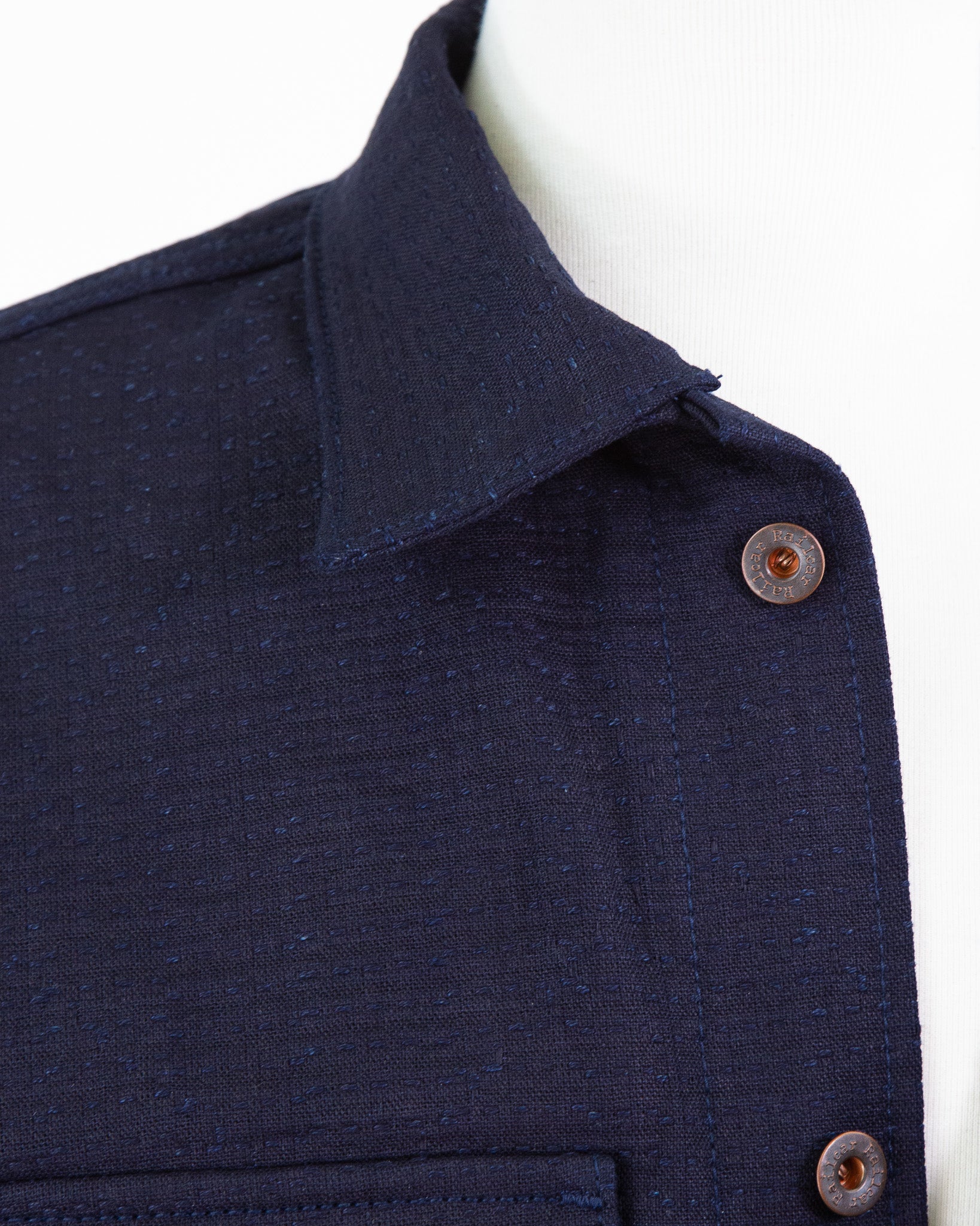 Front Collar Detail of Unshin Sashiko Chore Coat