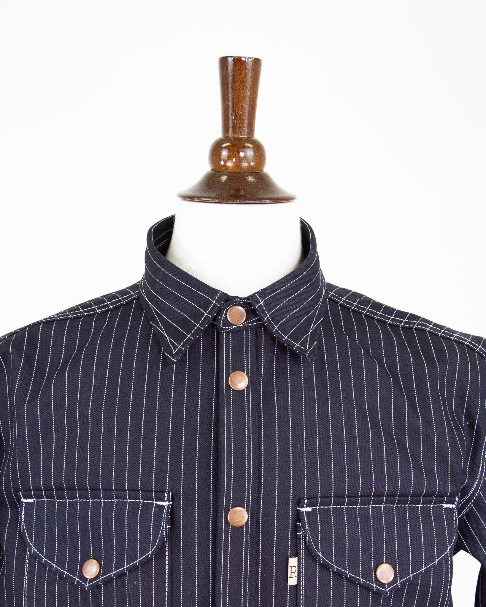 Chest of Eliminator Shadow Wabash 13.75 Oz Dark Indigo Selvedge Shirt