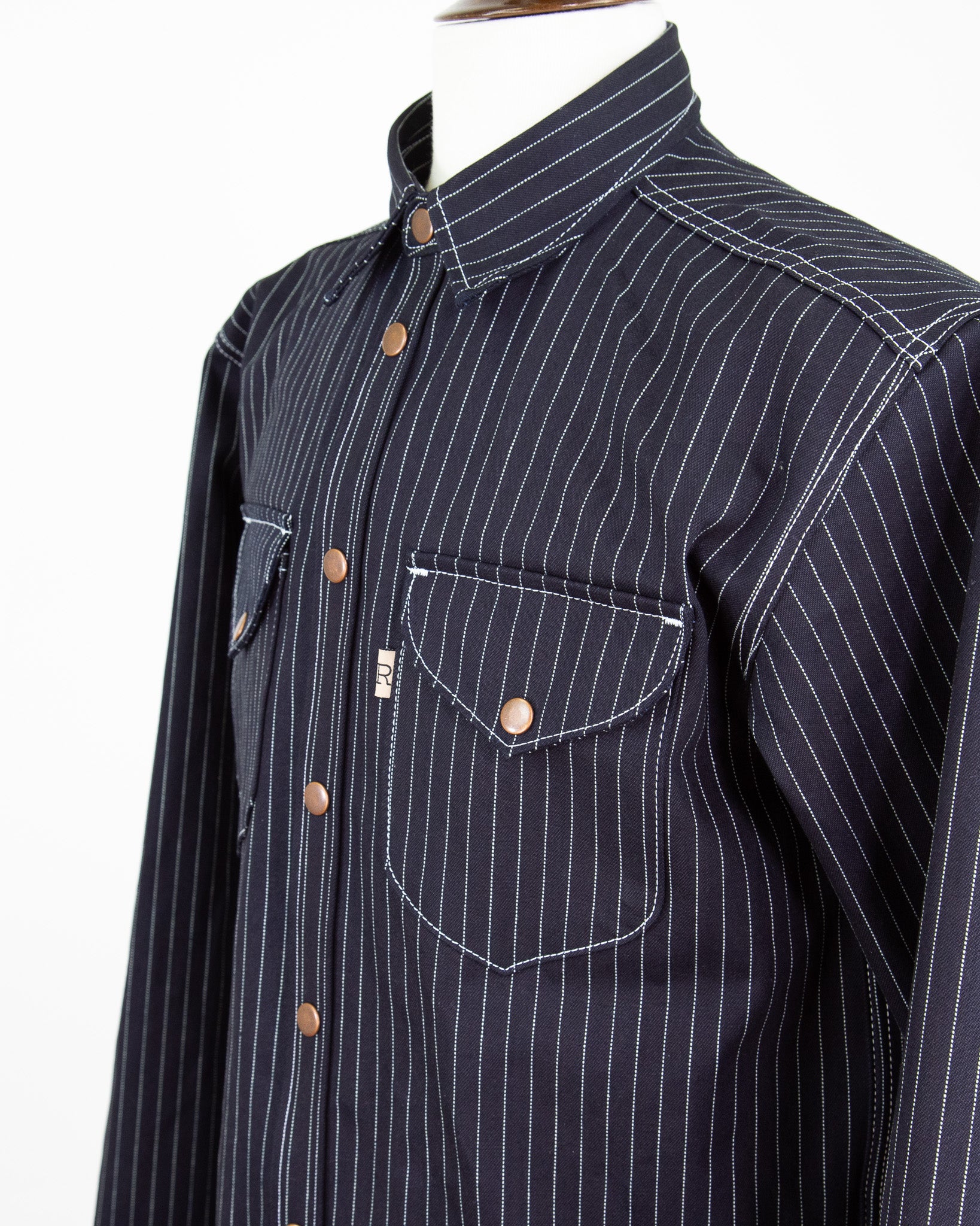 Front Angle View of Eliminator Shadow Wabash 13.75 Oz Dark Indigo Selvedge Shirt