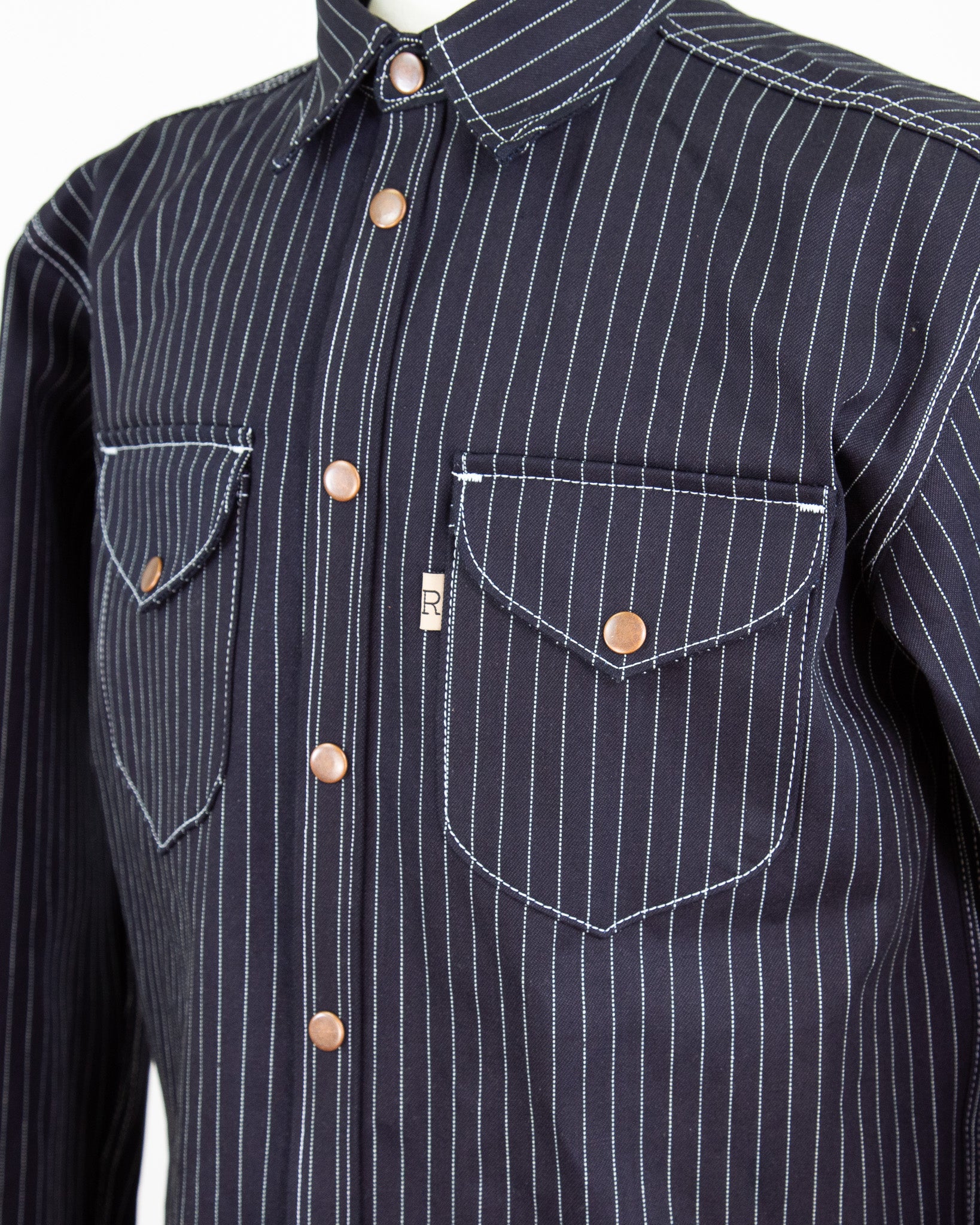 Close Up of Front of Eliminator Shadow Wabash 13.75 Oz Dark Indigo Selvedge Shirt