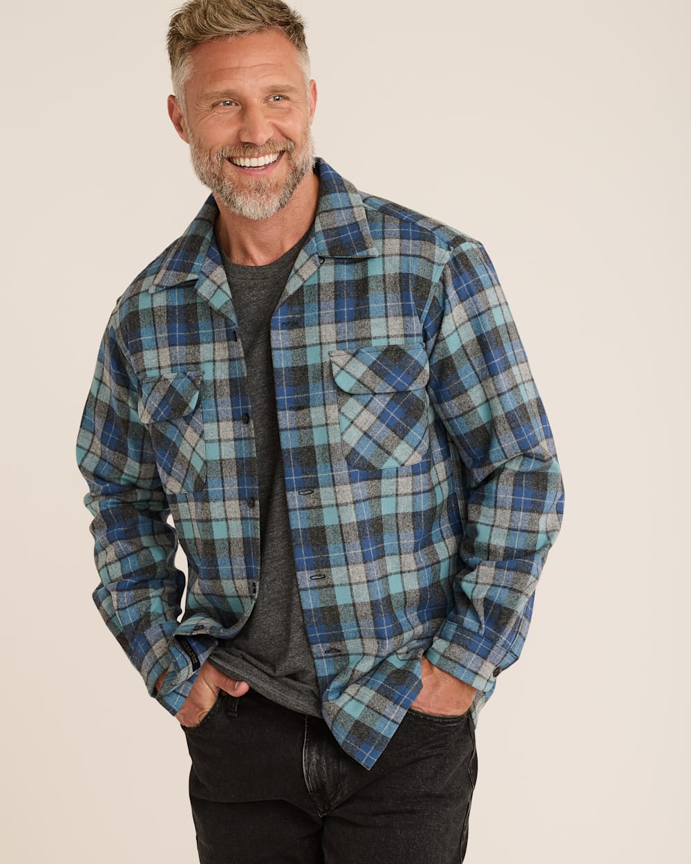 Model Photo of Front of Pendleton Men's Board Shirt/ Blue Original Surf Plaid