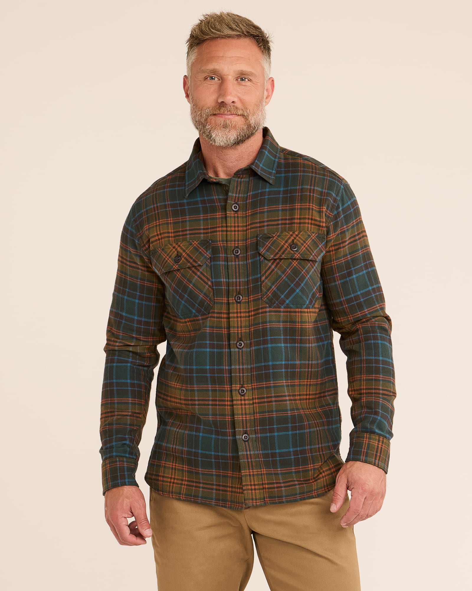 Model Photo of Front of Pendleton Men's Burnside Shirt Olive/Blue/Rust Plaid