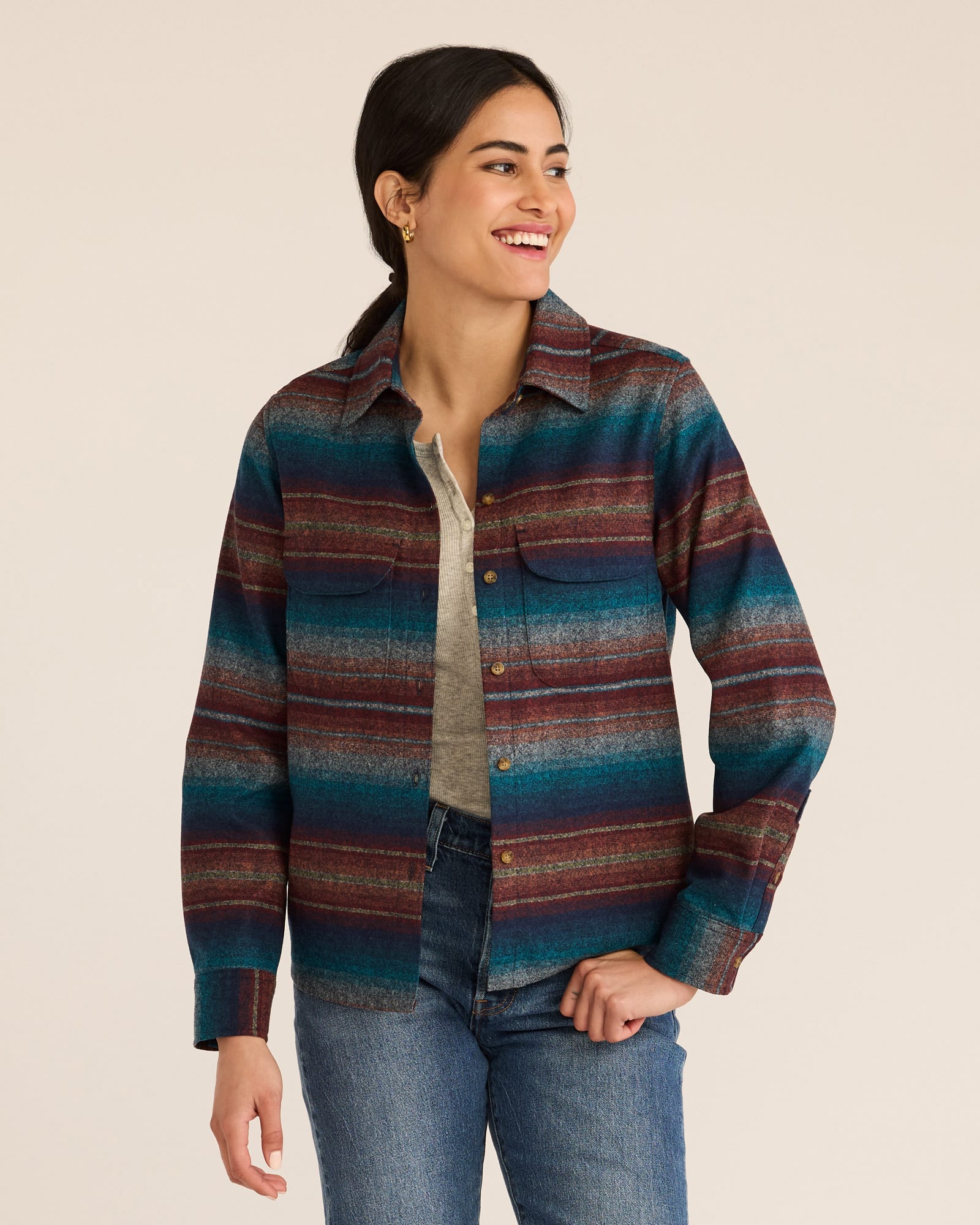 Model Photo of Front of Pendleton Women's Board Shirt - Blue Multi Stripe