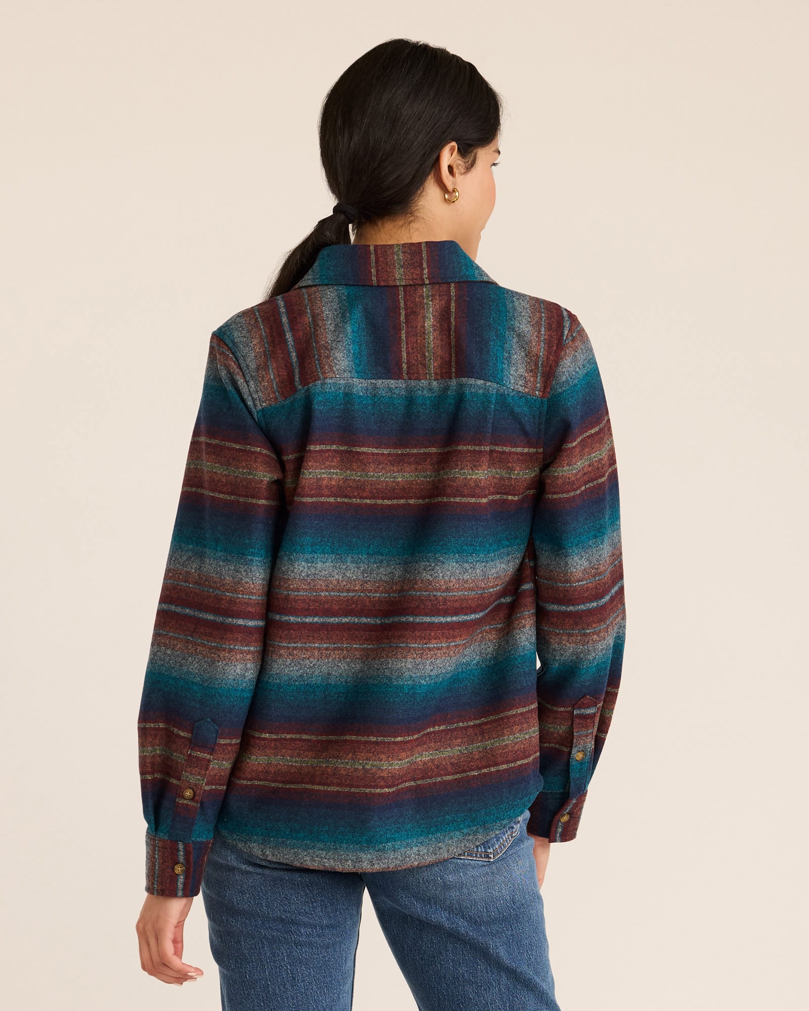 Model Photo of Back of Pendleton Women's Board Shirt - Blue Multi Stripe