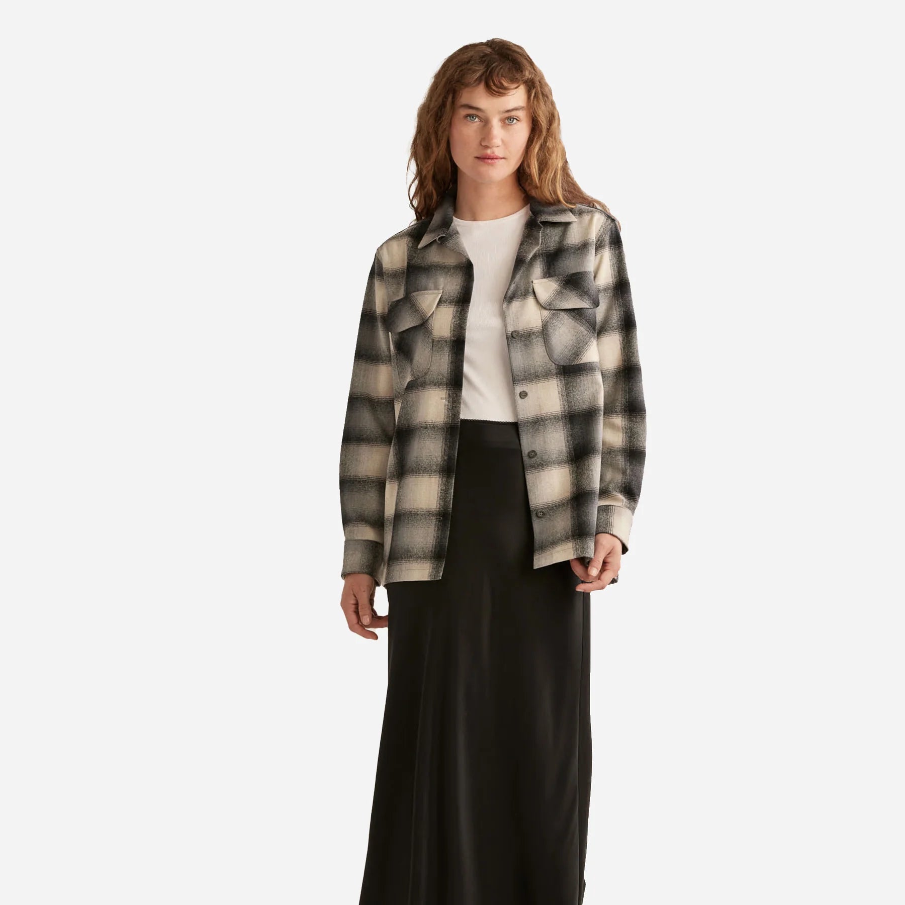 Model Photo of Front of Pendleton Women's Boyfriend Board Shirt - Tan/Slate Ombre