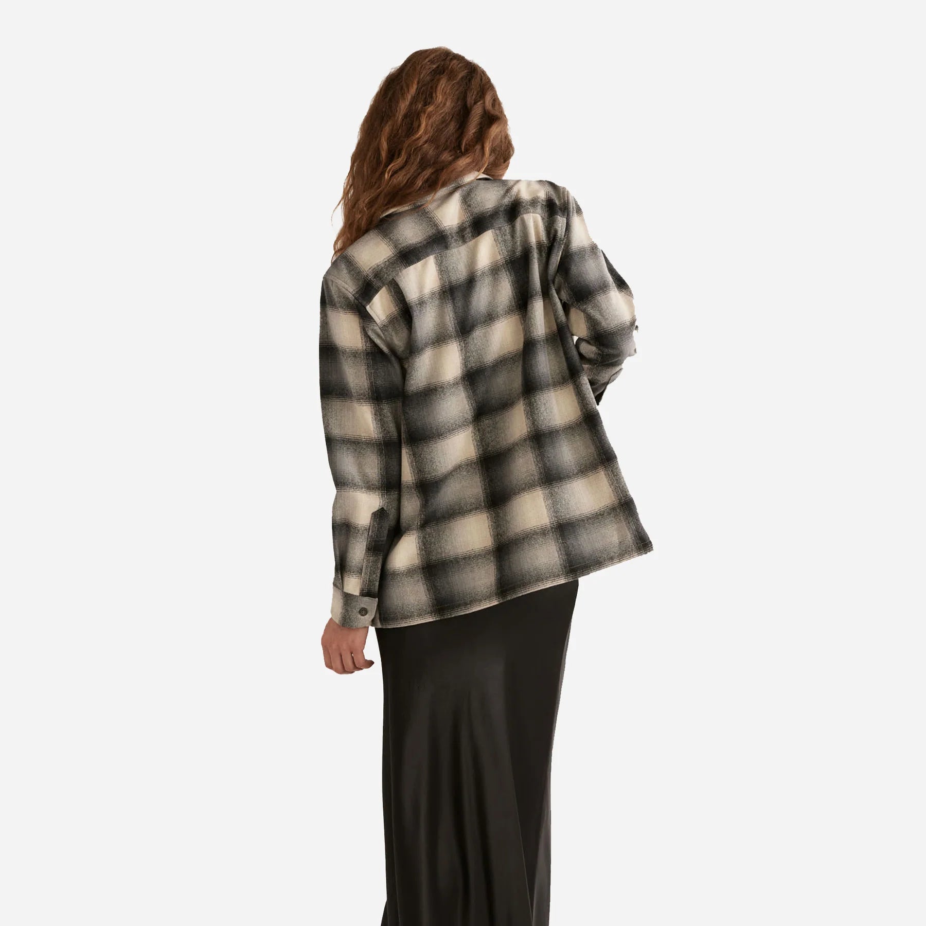 Model Photo of Back of Pendleton Women's Boyfriend Board Shirt - Tan/Slate Ombre