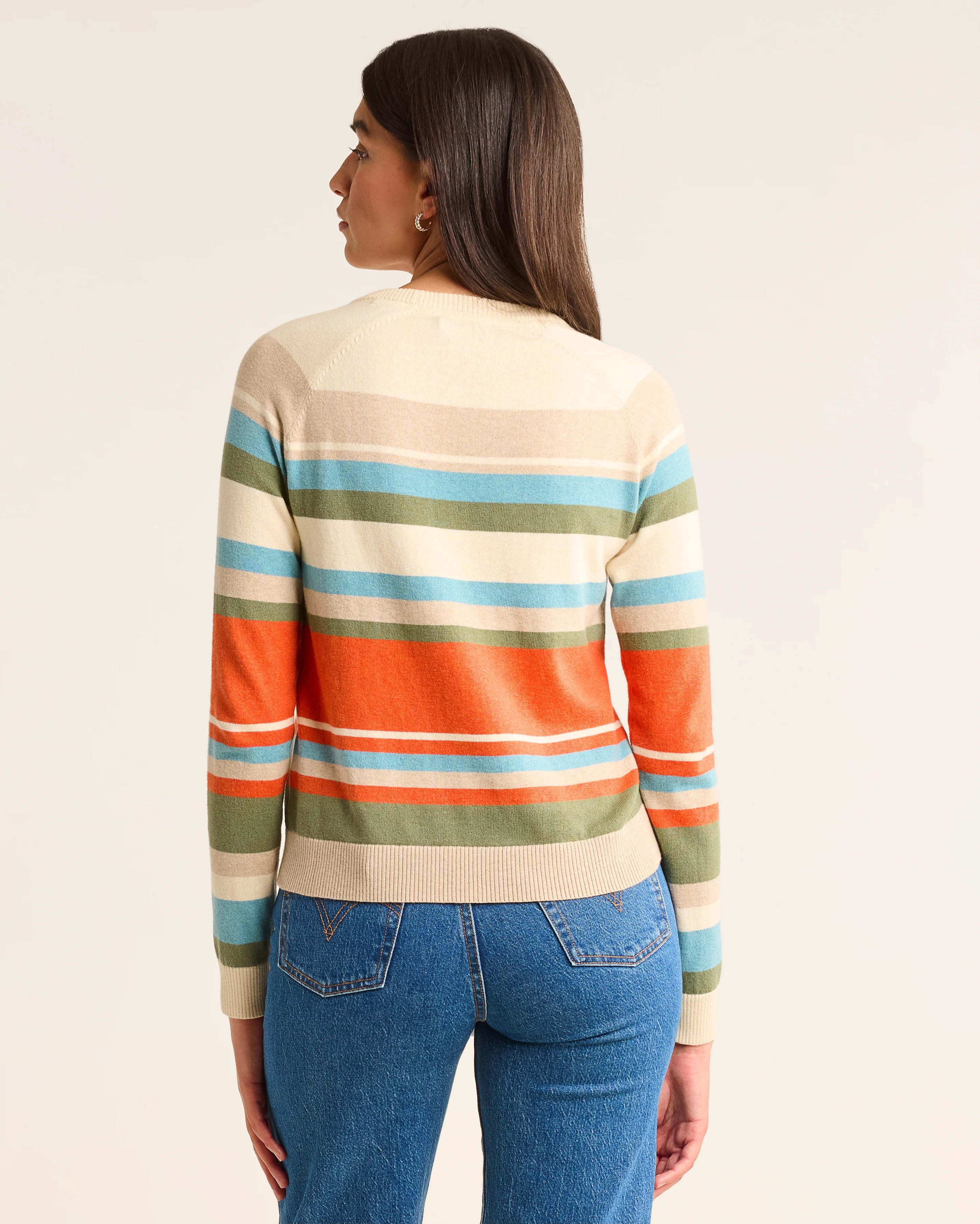 Model Photo of Back of Pendleton Women's Stripe Crewneck Pullover Ivory Multi