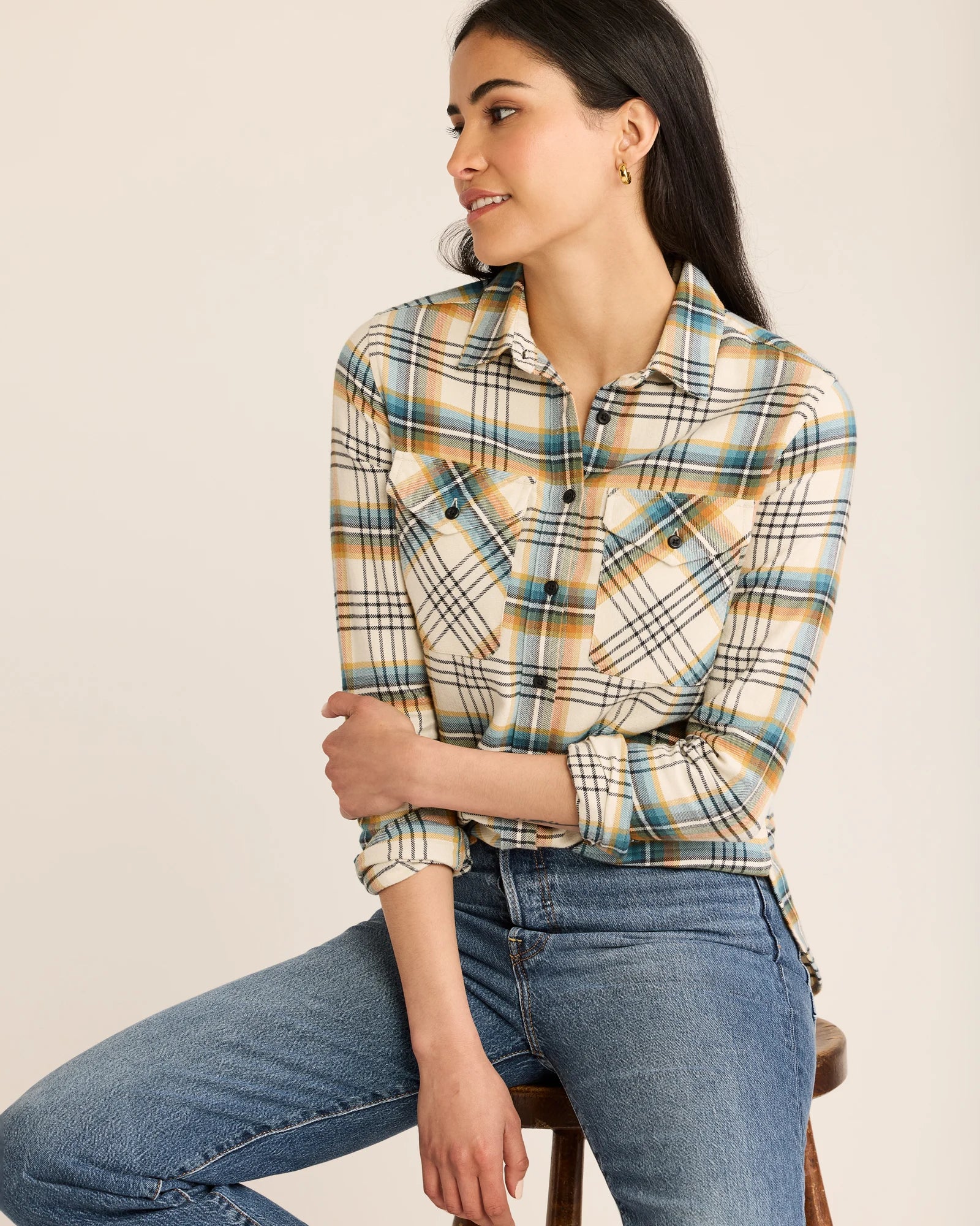 Model Photo of Back of Pendleton Women's Plaid Madison Double Brushed Flannel Shirt- Cream Multi Plaid